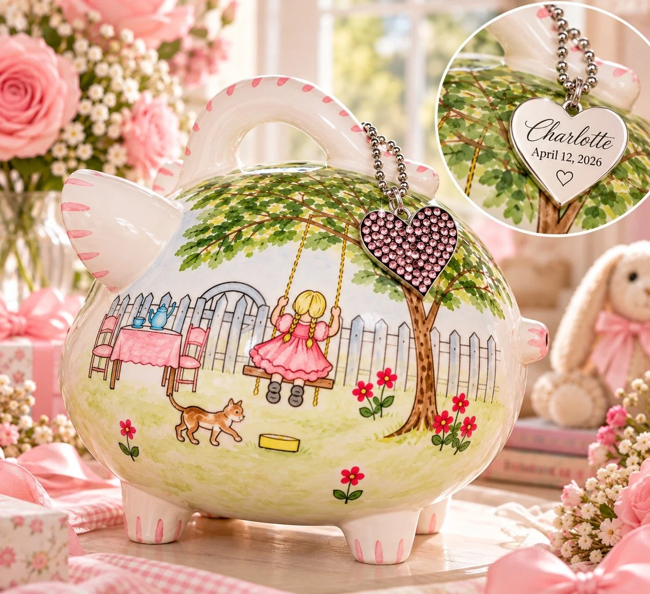 Pink piggy bank Sugar and Spice with personalized tag