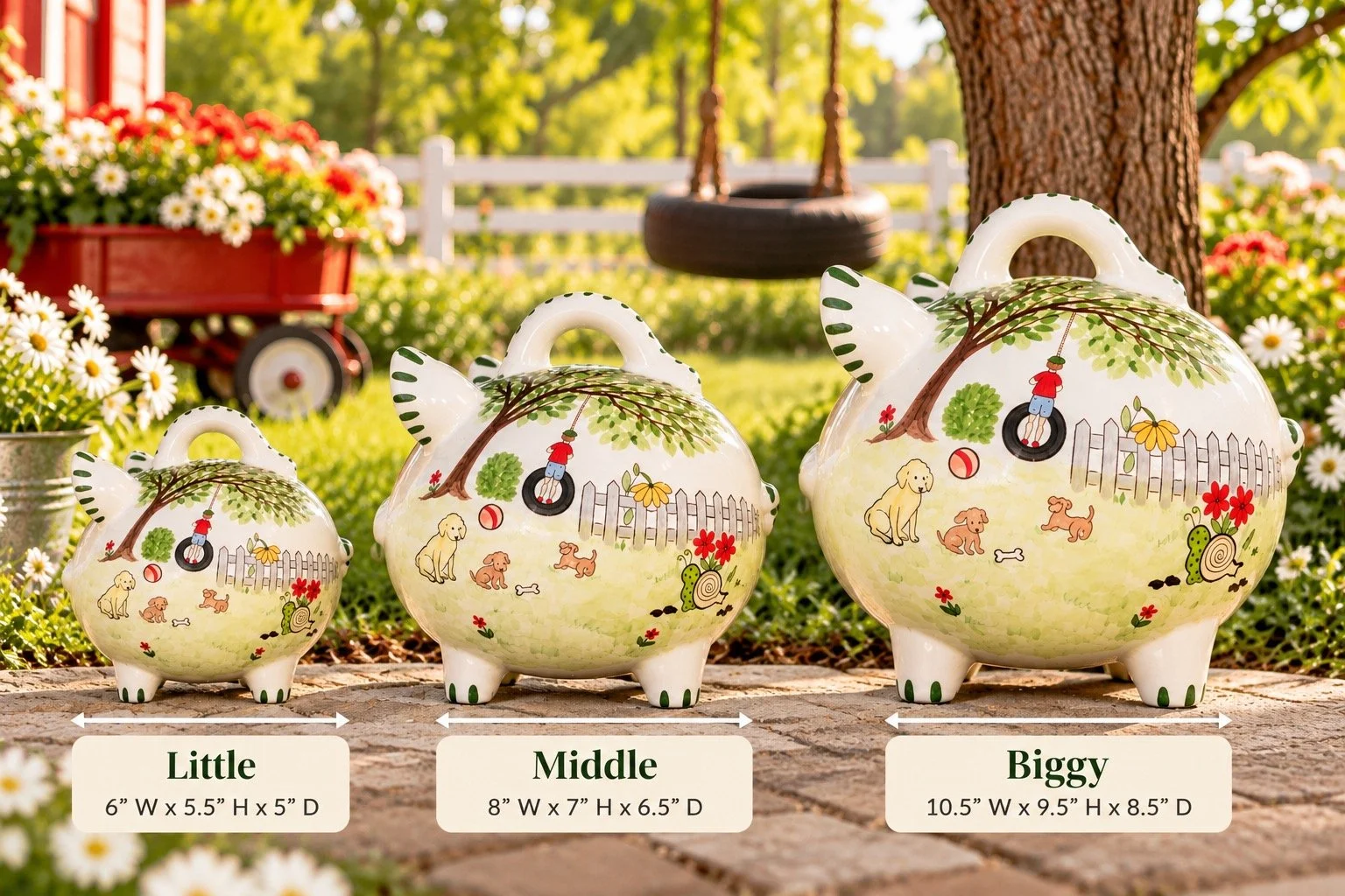 Three sizes of handcrafted Snails and Tails ceramic piggy banks—Little, Middle, and Biggy—featuring puppies, a boy on a tire swing, flowers, fence and garden details, displayed outdoors.