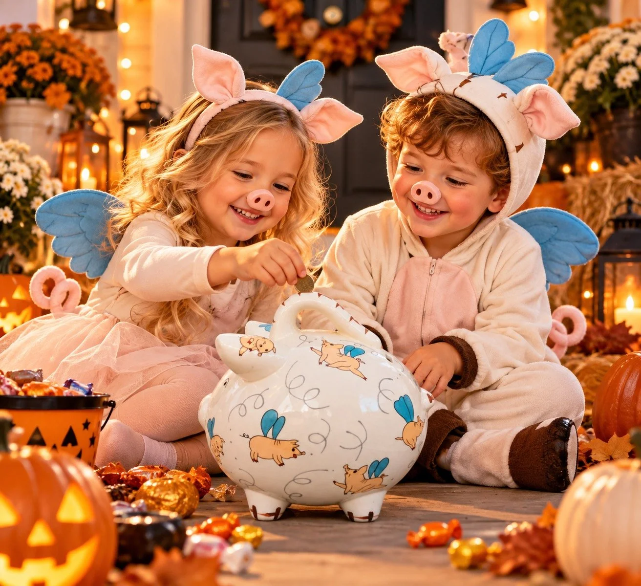 When pigs fly Piggybank from Piggybank Express and two kids and pigs costumes with wings putting money in the When Pigs Fly piggybank