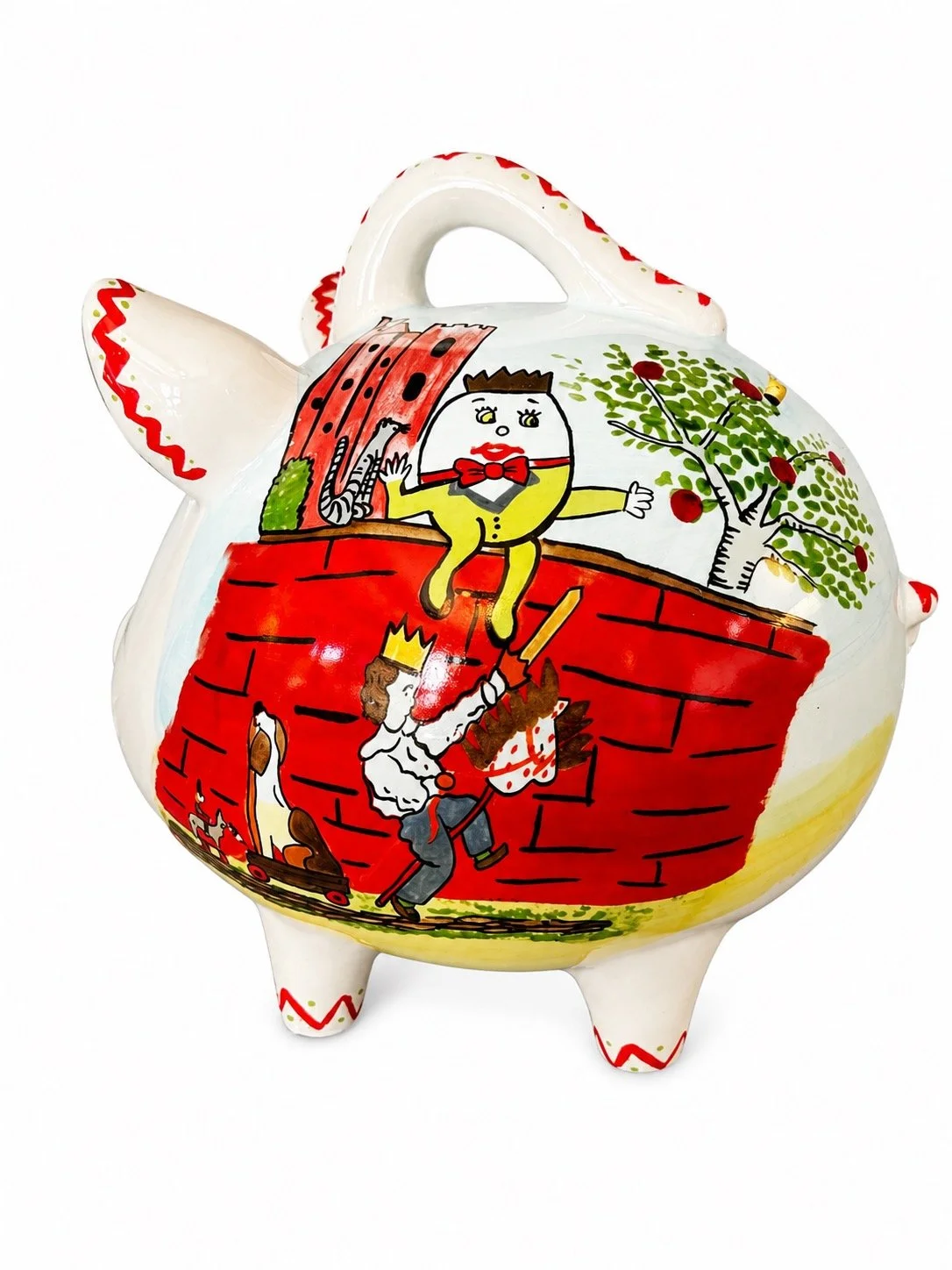 Hand-painted Humpty Dumpty ceramic piggy bank shown from front and back, featuring colorful nursery rhyme artwork and a classic white ceramic design.