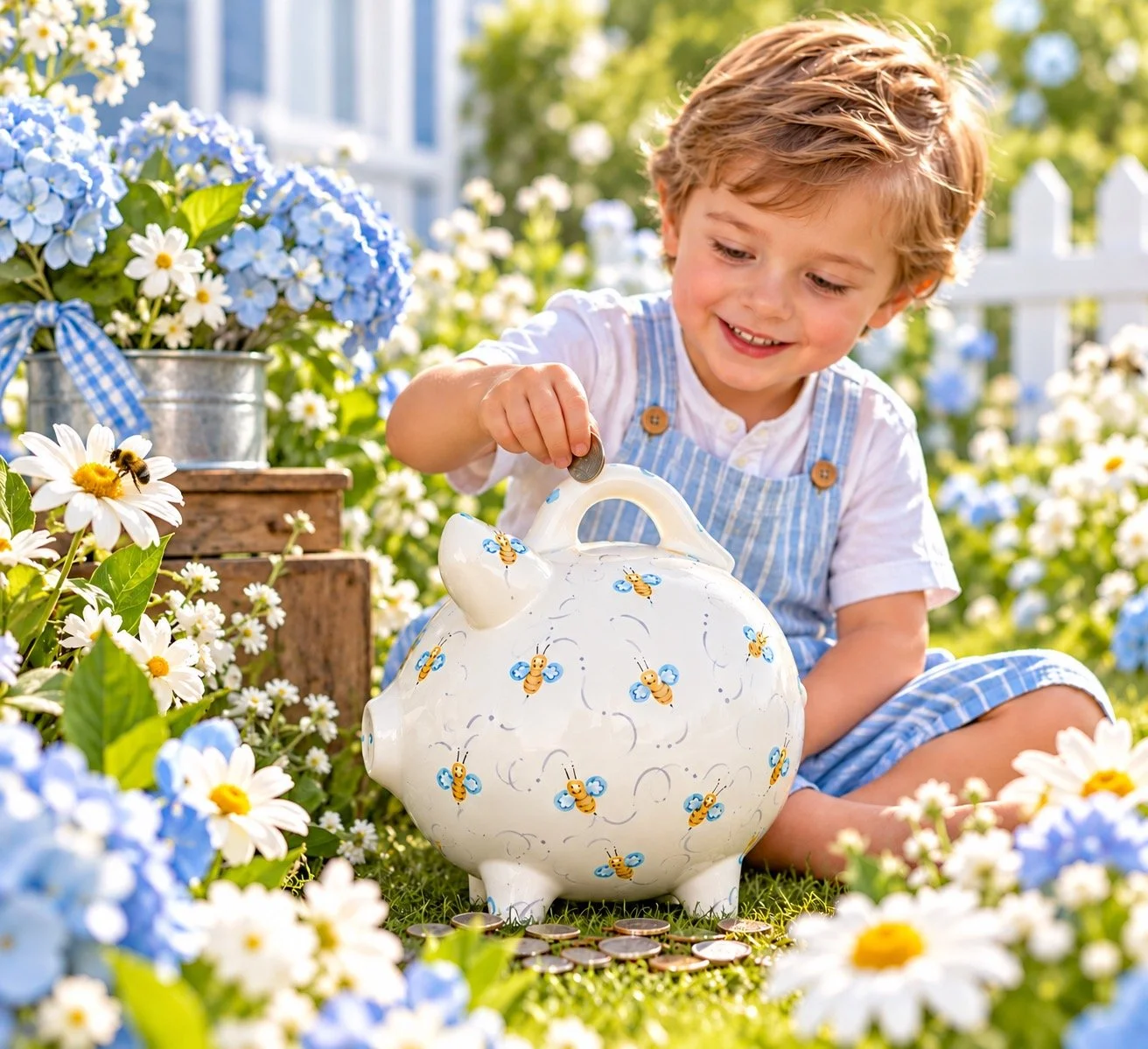 Young boy adding a coin to a Blue Beez handcrafted ceramic piggy bank in a sunny garden with blue flowers, daisies, and a bumblebee.
