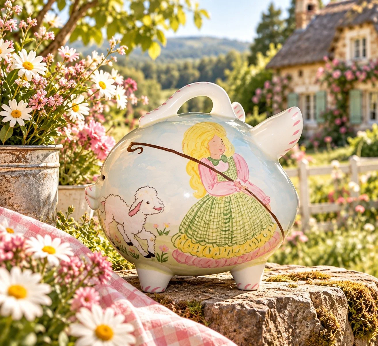 Handcrafted Little Bo Peep Piggy Bank with a shepherd girl and lamb in a sunny country garden, a charming keepsake gift that encourages children to save for their financial future.
