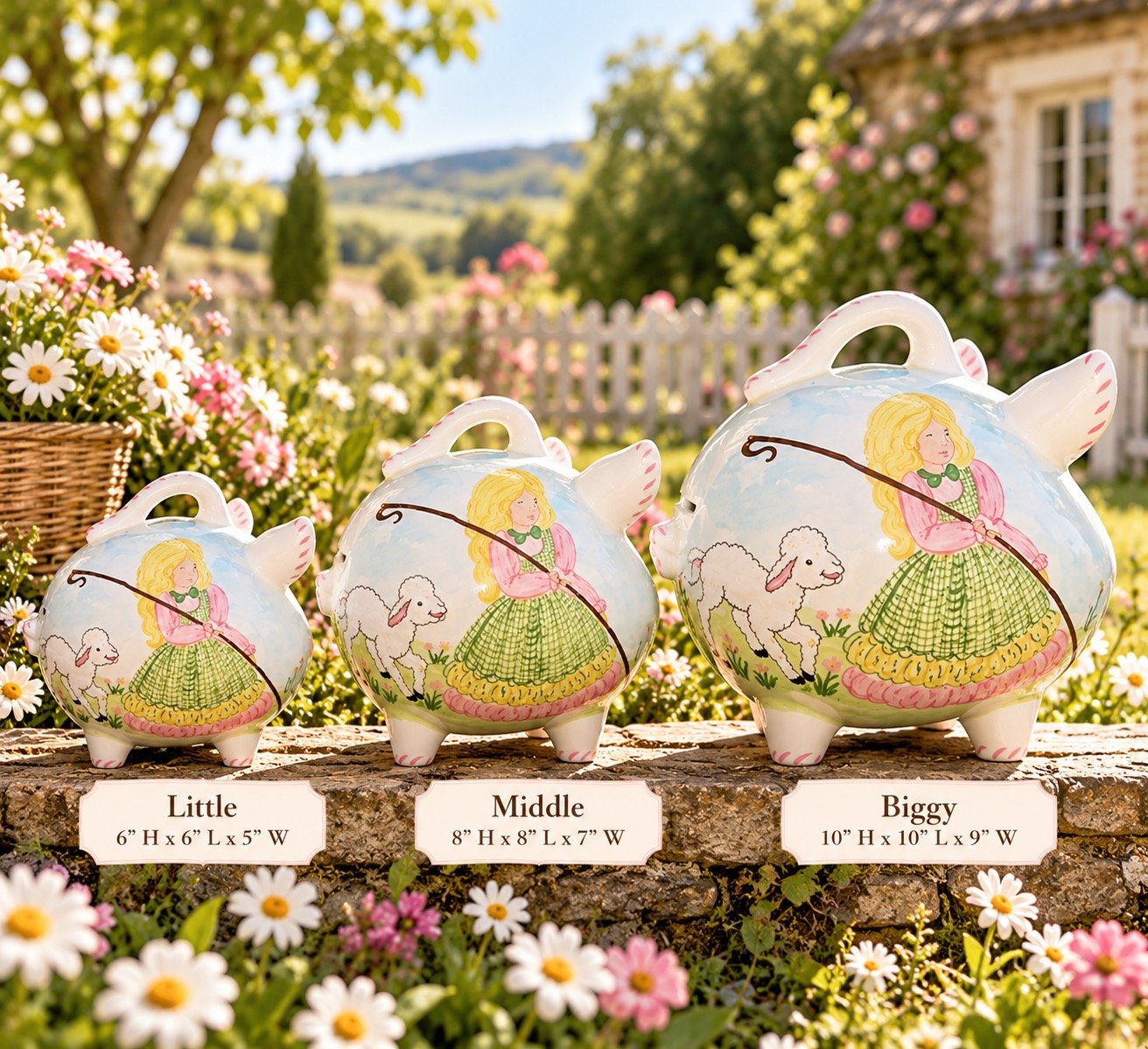 Handcrafted Little Bo Peep Piggy Banks in Little, Middle, and Biggy sizes, featuring a shepherd girl and lamb design in a sunny country garden—a charming children’s gift and keepsake.