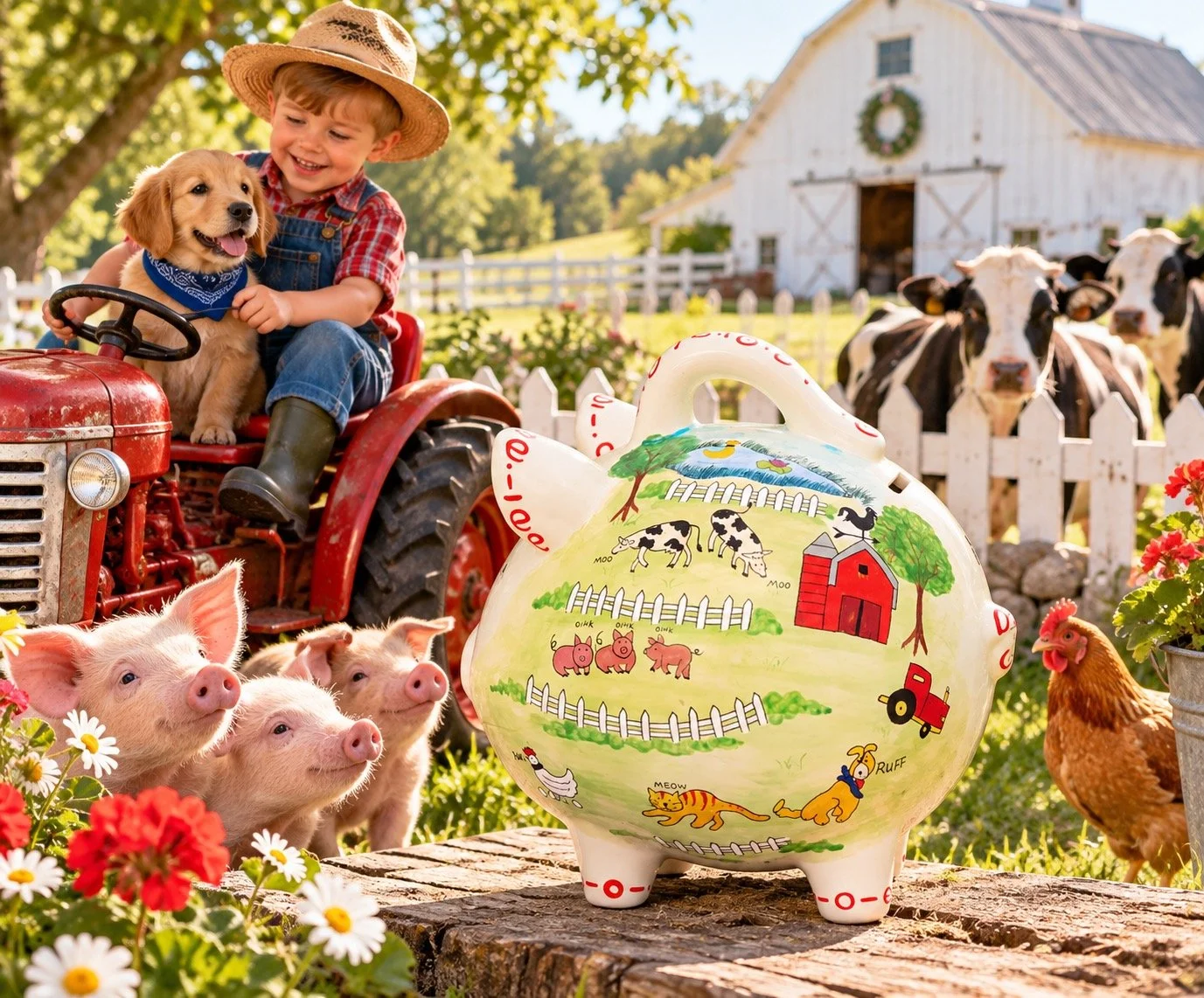 Handcrafted Old MacDonald Farm ceramic piggy bank displayed in a sunny farm setting with a little boy and puppy on a red tractor, piglets, cows, white picket fence, flowers, and a white barn