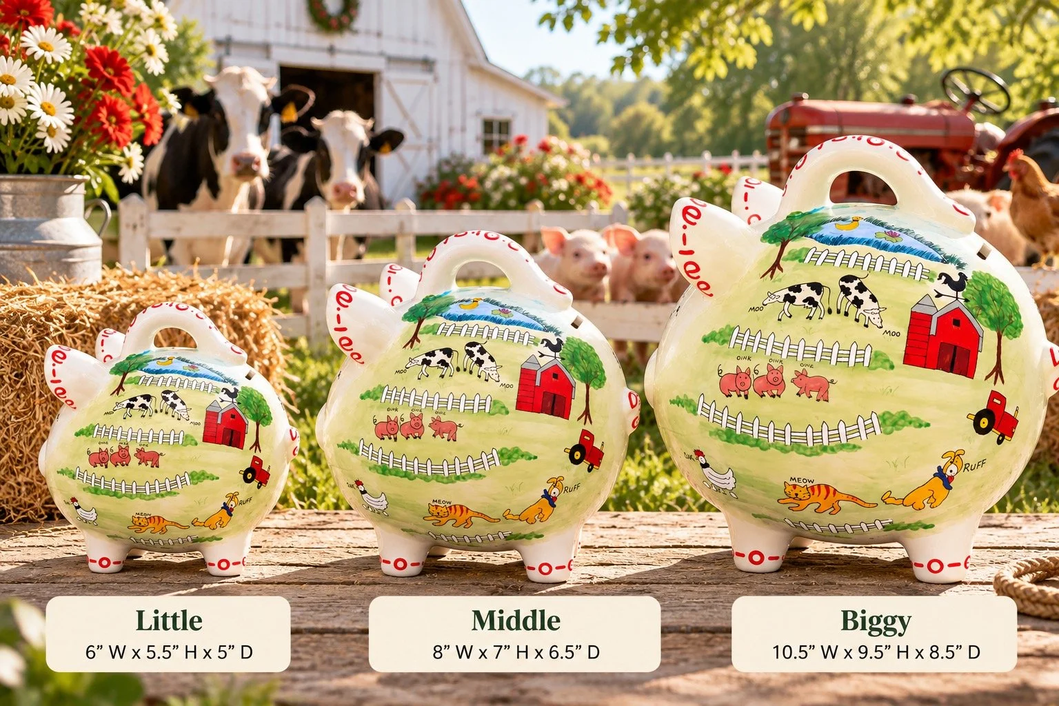 Three sizes of the handcrafted Old MacDonald Farm ceramic piggy bank—Little, Middle, and Biggy—displayed together in a sunny farm setting