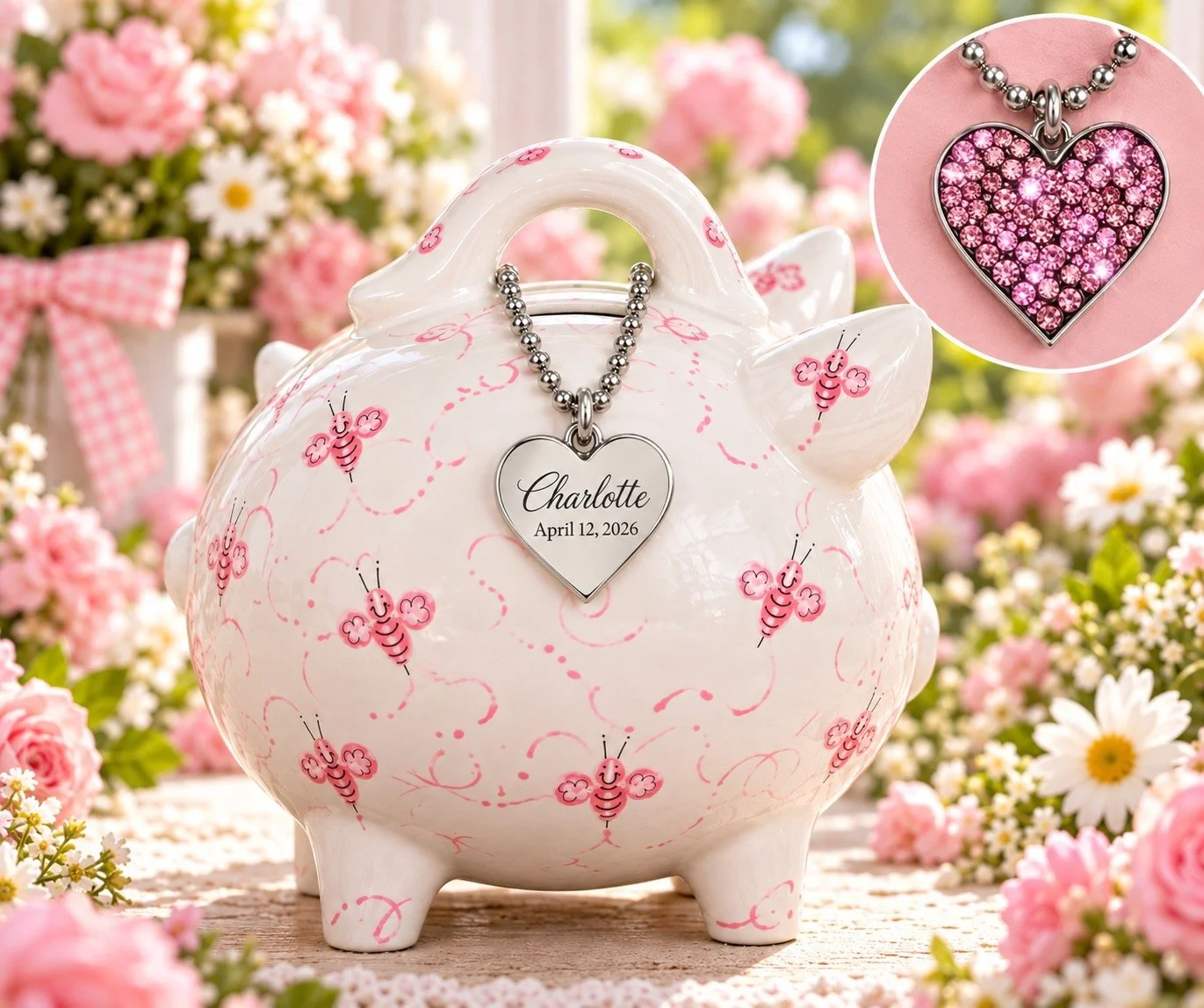 Pink Beez Piggy bank with heart shaped sparkly personalized tag