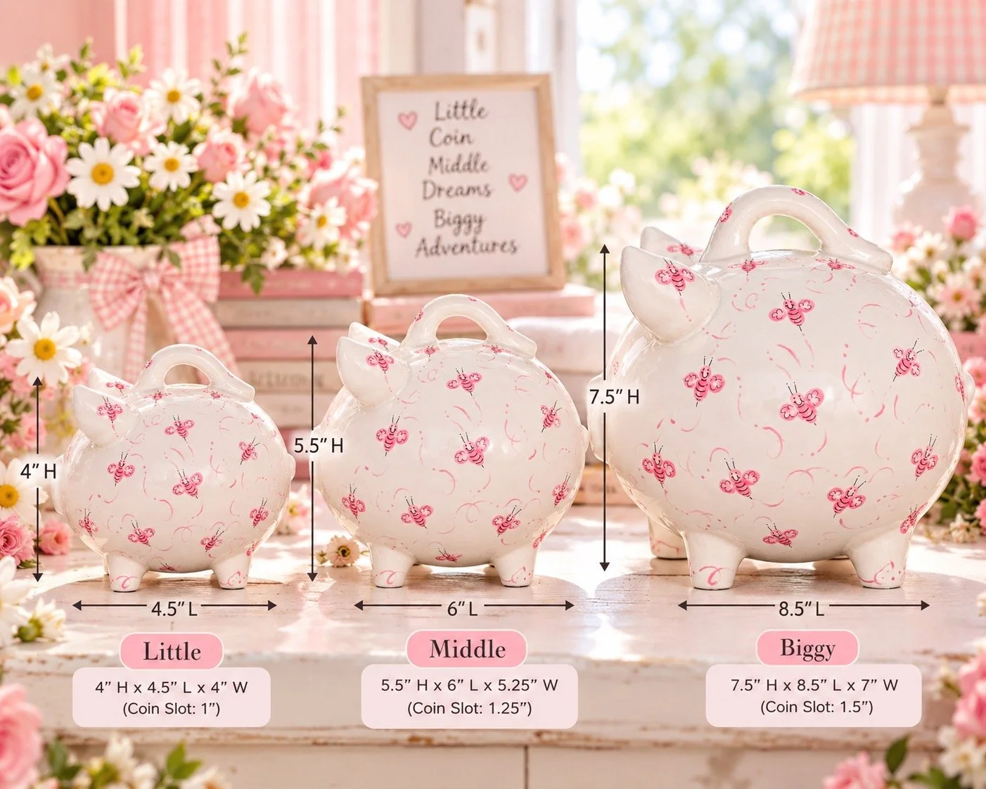 Peak Beez piggybank showing three sizes, Little, middle, biggy