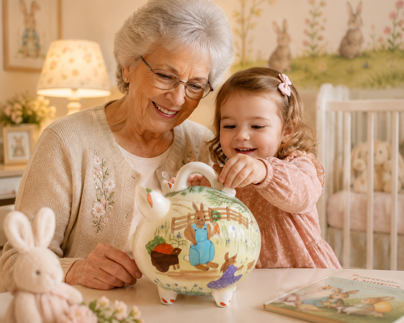 Grandmother and young granddaughter enjoying a hand-painted Country Bunnies ceramic piggy bank together in a bunny-themed nursery.