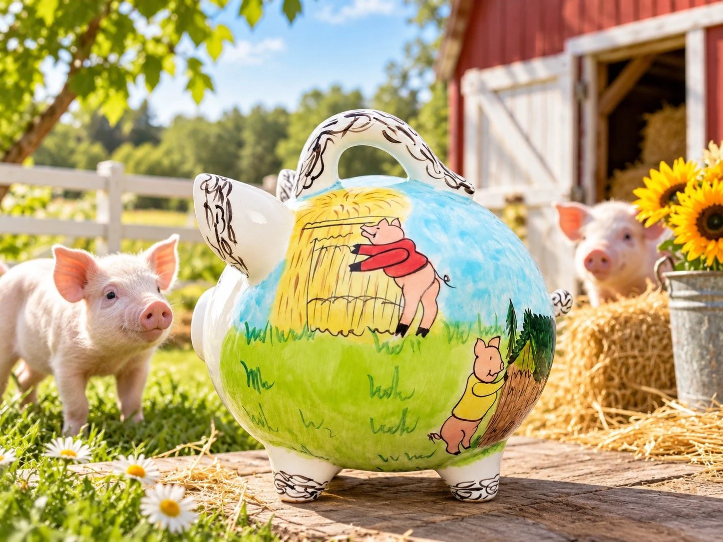 Three Little Pigs Piggy Bank in a barnyard setting with pigs and straw and a red barn