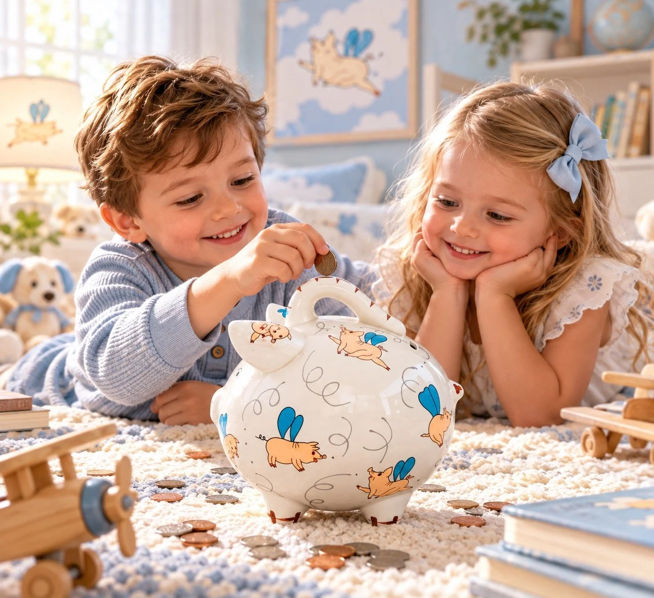 When Pigs Fly Piggybank from PiggyBank Express with two kids, putting money in the piggy bank helping to save for their financial future.