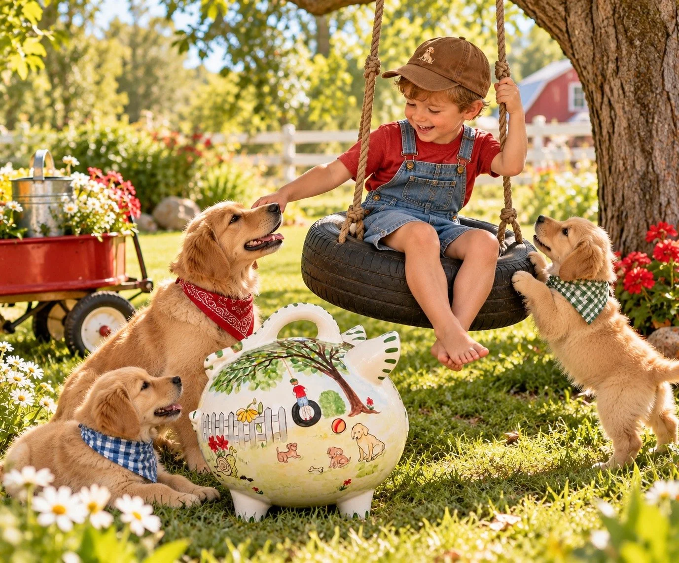 Handcrafted Snails and Tails ceramic piggy bank with a little boy on a tire swing, three playful puppies, red wagon and colorful flowers in a sunny country garden.