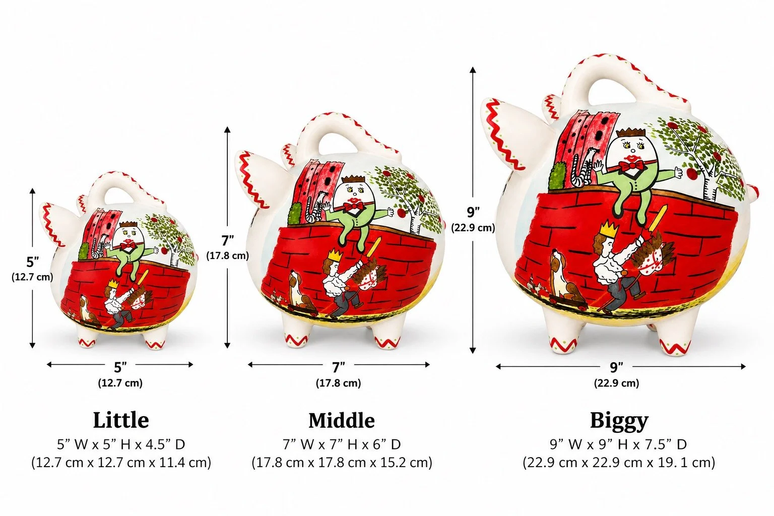 Humpty Dumpty ceramic piggy banks shown in Little, Middle and Biggy sizes with dimensions for easy size comparison.