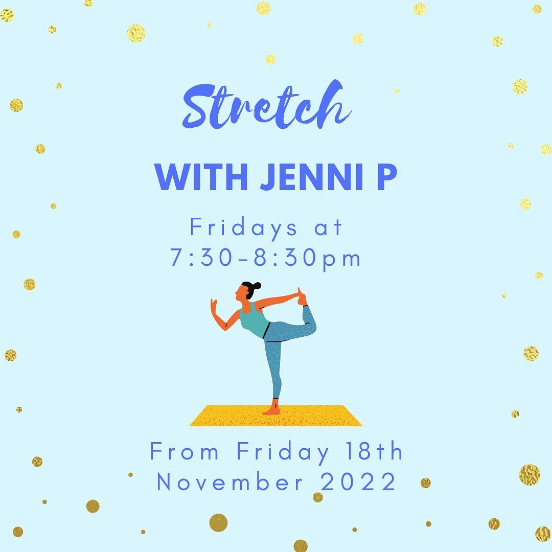 🚨New class alert!🚨

Stretch with Jenni P, Fridays at 7:30-8:30pm, from Friday 18th November 2022

This 60-minute class is suitable for all levels, with a mix of stretch methodologies to give you a balance of strength and lengthening to open the bod