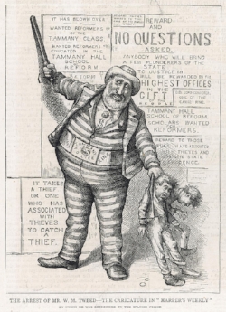 Thomas Nast's 1876 cartoon of Tammany Hall's Boss Tweed led to Tweed's arrest when fleeing to Spain.