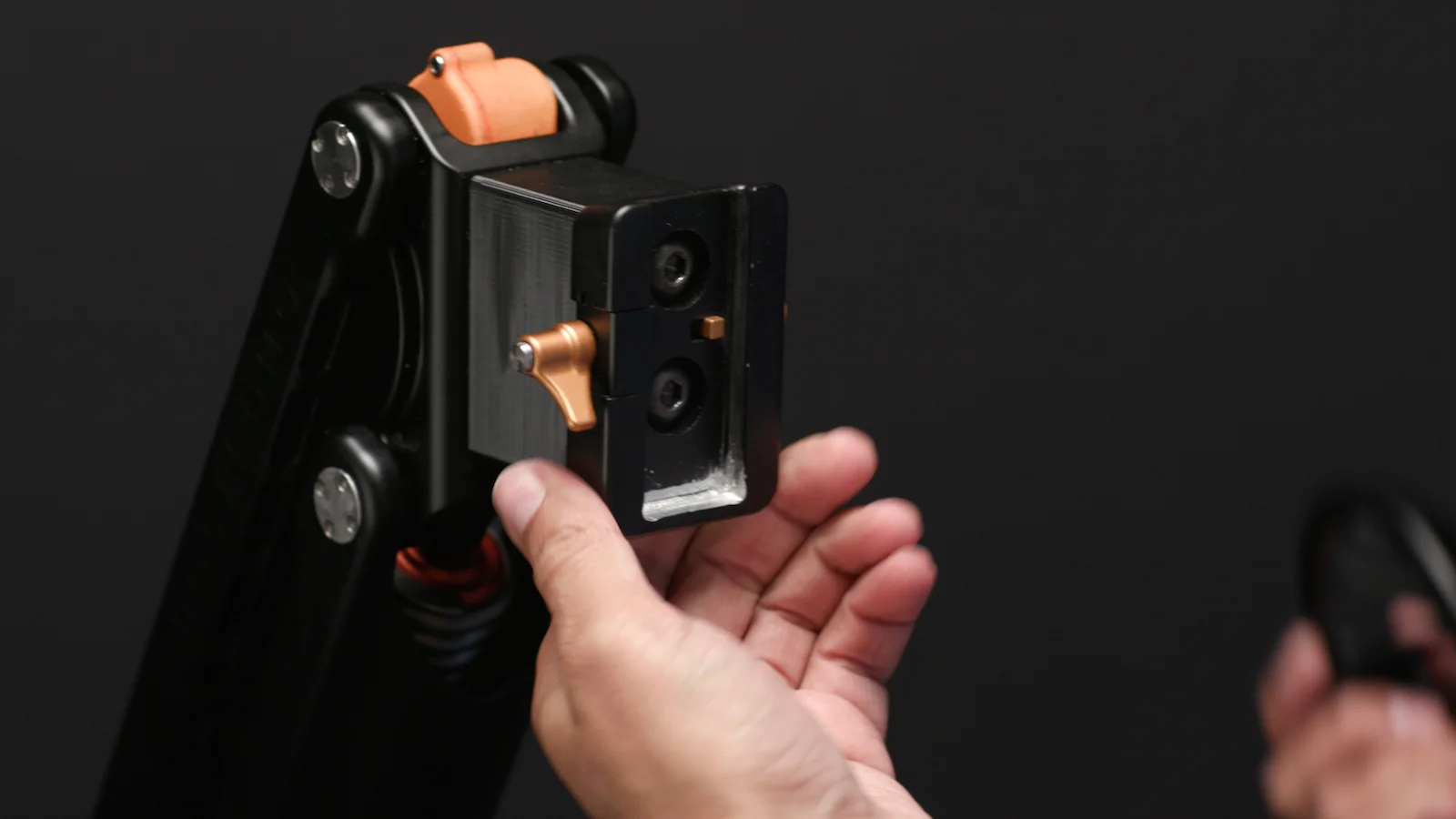 The Nostromo arm quick release receiver. Module attachments can be inserted facing either upwards, or downwards. (Prototype shown here with rough machining adjustment at the bottom.)