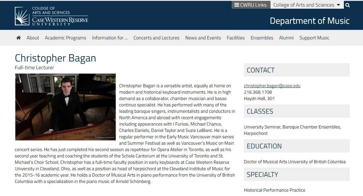 Screen Capture of the CWRU Music Faculty Page