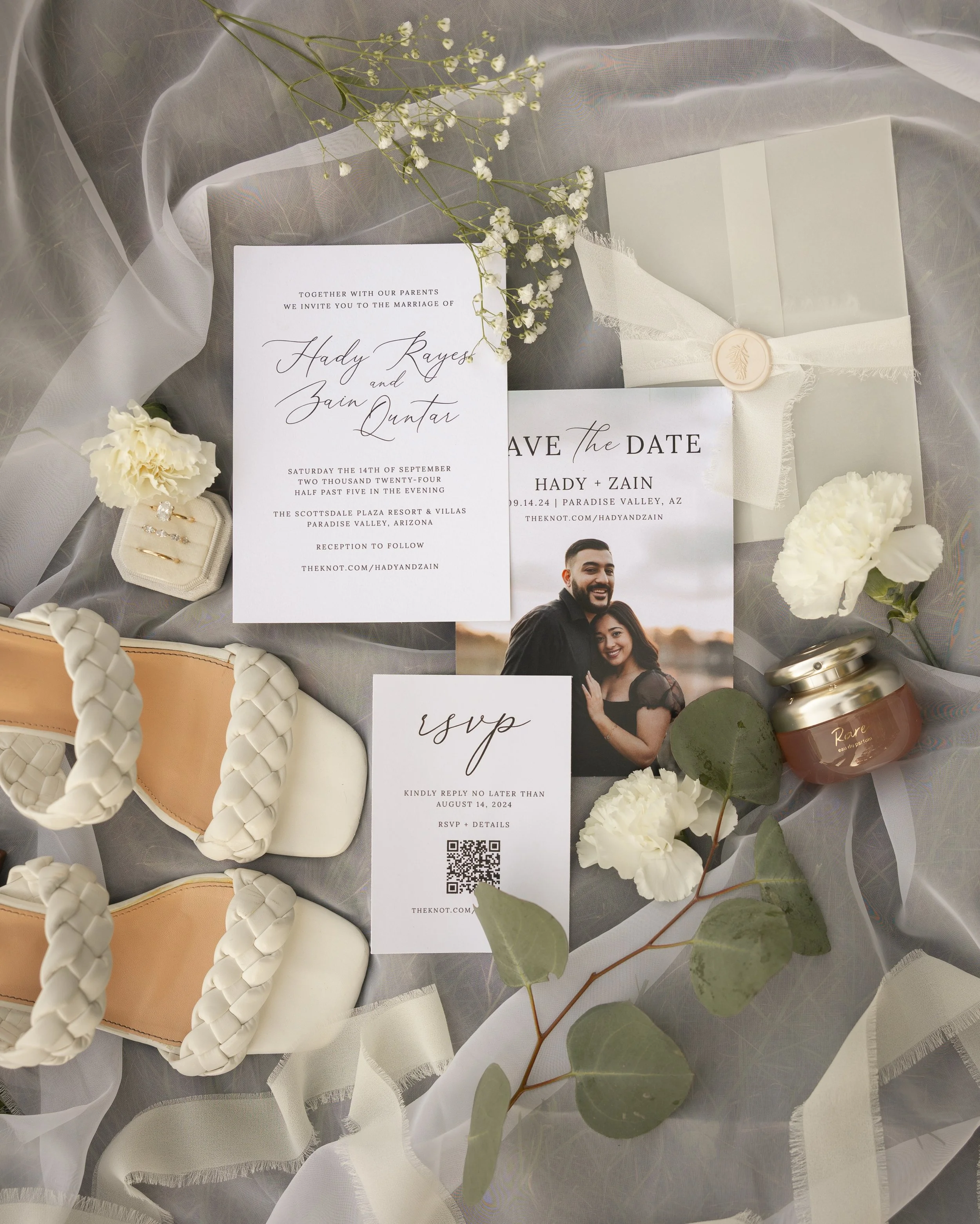 Everything about Hady and Zain&rsquo;s wedding invitation suite felt soft and romantic.

The neutral palette, delicate script, vellum jacket, raw-edge ribbon, and wax seal came together so beautifully.

Save this one for your wedding stationery inspi