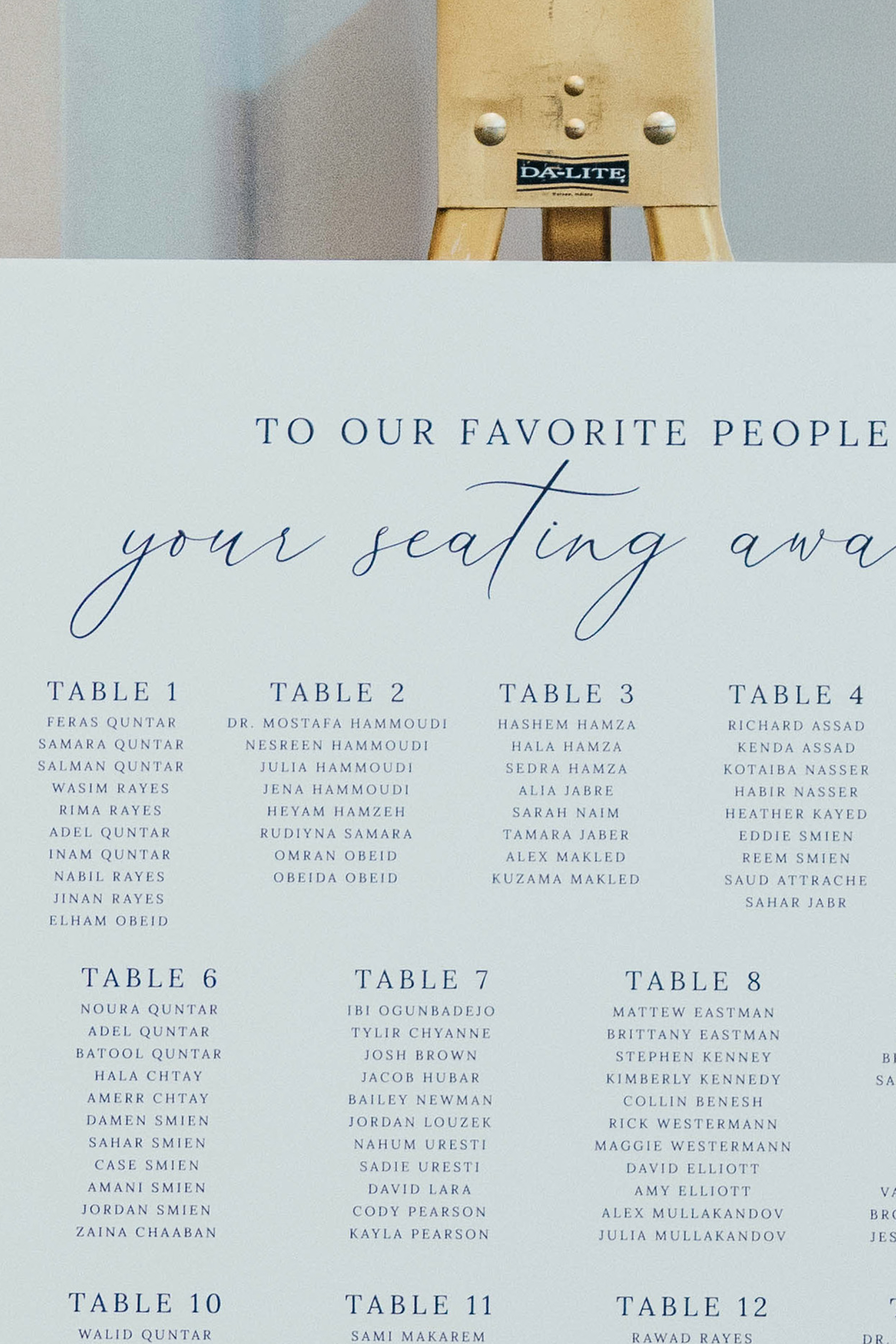 A seating chart with columns of names divided into tables, with a small wooden baseball game toy at the top and the phrase 'To our favorite people, your seating away' in elegant script.
