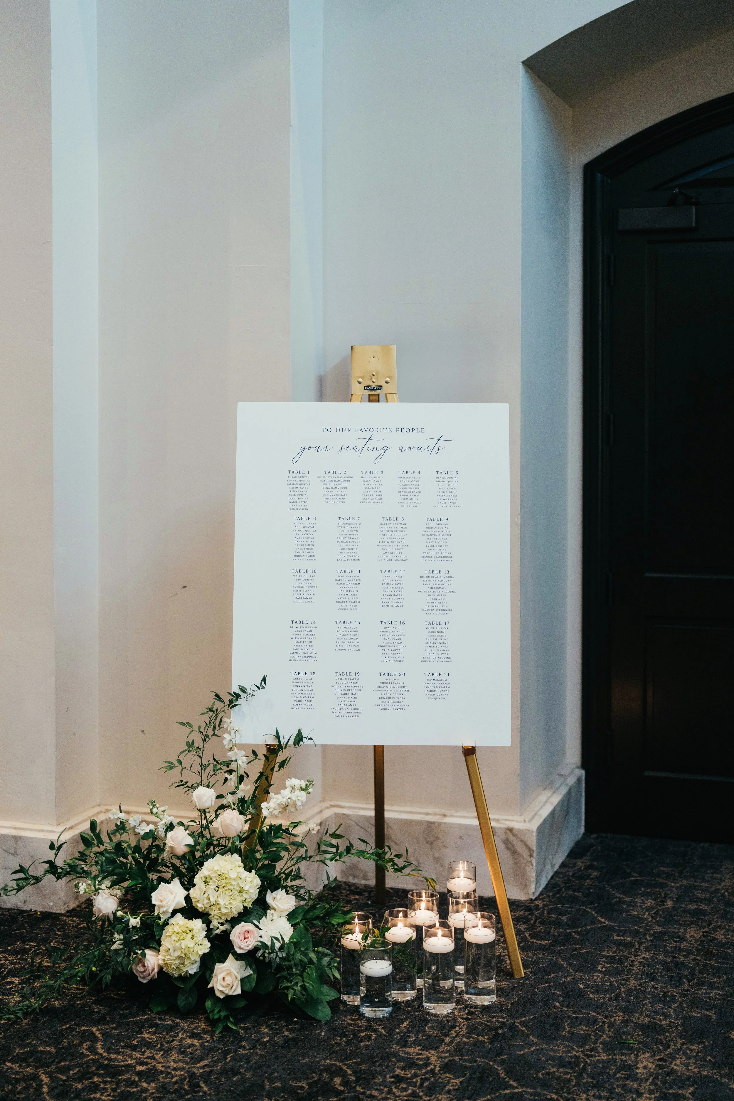 Wedding seating chart displayed on an easel, decorated with a floral arrangement of white roses, hydrangeas, and greenery, and surrounded by lit candles on the floor.