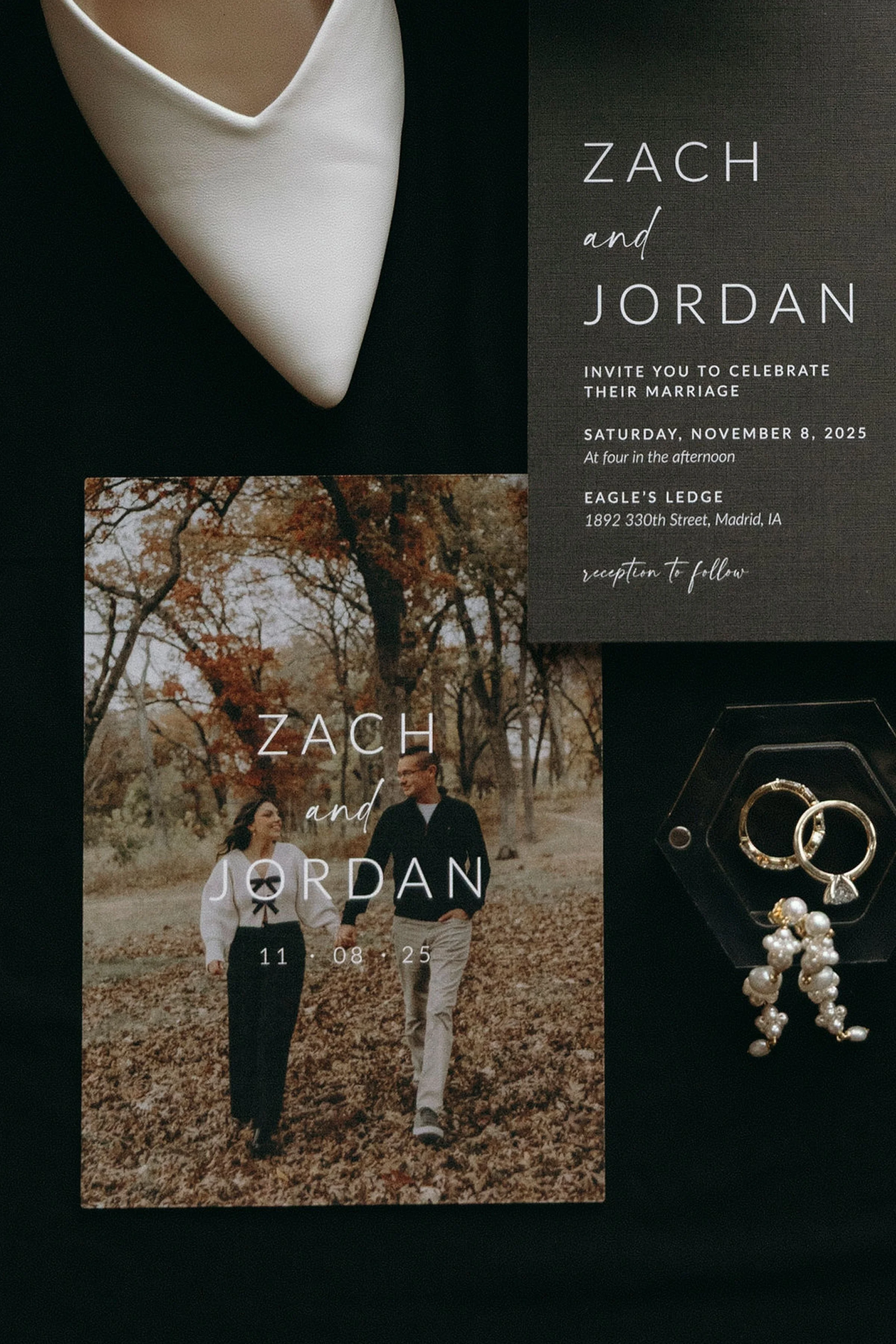 Wedding invitation with a photo of a couple walking in autumn woods, text with names Zach and Jordan, date November 8, 2025, location Eagle's Ledge, and an image of jewelry next to the invitation.