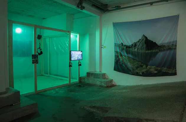 Paradisiac Ecologies, solo exhibition at OK Corral, Copenhagen, 2017 Press release It felt as if my mind had been colonized by mosquitos, infusing a network of blood veins behind the architecture of my imagination with memories, stored in DNA alien to me. To counter a mental disarray from the itch, I devoted myself to a pool chair, forgetting presence by exposing my body to the power of the sun. Successfully exchanging pain for heat, a cocktail glass smashed as I accidentally drifted into the water. Drowning without looking, images of a paradisal Island formed on the dark side of my eyelids... - Primal Tourism, 2016-17 The solo exhibition Paradisiac Ecologies by Jakob Kudsk Steensen at OkCorral is a morbid interpretation of how human imaginations and dreams transform the world around us in inexpedient ways. Primal Tourism is a virtual reality work in which visitors become tourists exploring a full-scale simulation of the island Bora Bora. The virtual landscape is built from satellite images, illustrations of the region's future climate, tourist photographs and drawings of the island by explorers from the 1700. In an accompanying 23 minute video, an anonymous protagonist is bitten by a mosquito. Through blood-fusion the protagonist inherit memories from explorers, tourists, wild dogs and insects while exploring the island from a first person perspective. A Cartography of Fantasia is a 2-screen video installation. The work is based on a two month excursion to abandoned tourist resorts, build from financial speculation in Southern Europe. In the video, a satellite controlled by an autonomous satellite surveils a bizarre landscape transformed by human imaginations of tropical paradises. Photo documentation: http://kopenhagen.dk/artguide/single/article/paradisiac-ecologies/ https://kunsten.nu/artguide/calendar/jakob-kudsk-steensen-paradisiske-oekosystemer/