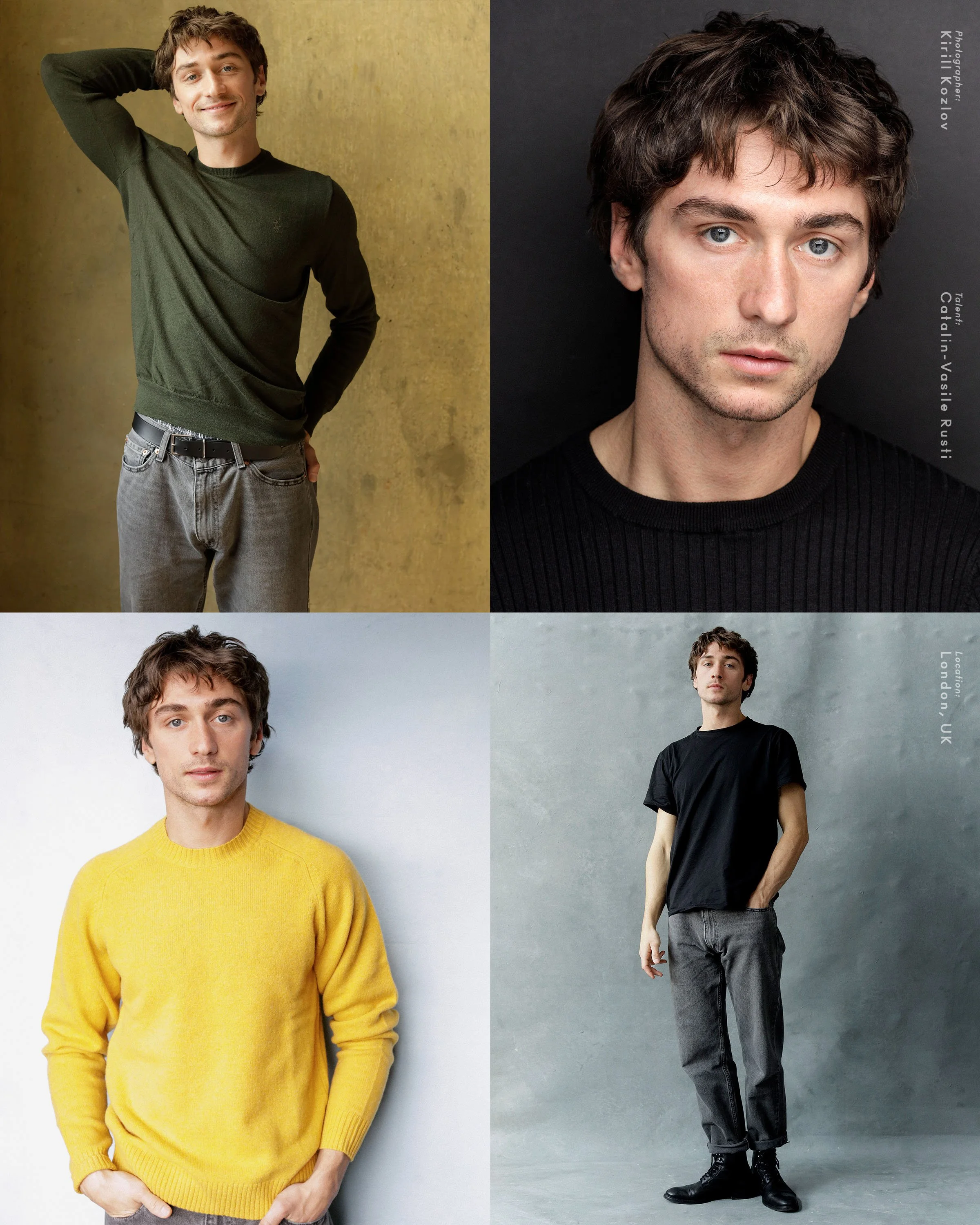 Catalin-Vasile Rusti, who appears in Last Night in Soho — four-look actor headshot range, mustard knit to black tee, photographed by Kirill Kozlov, North London.