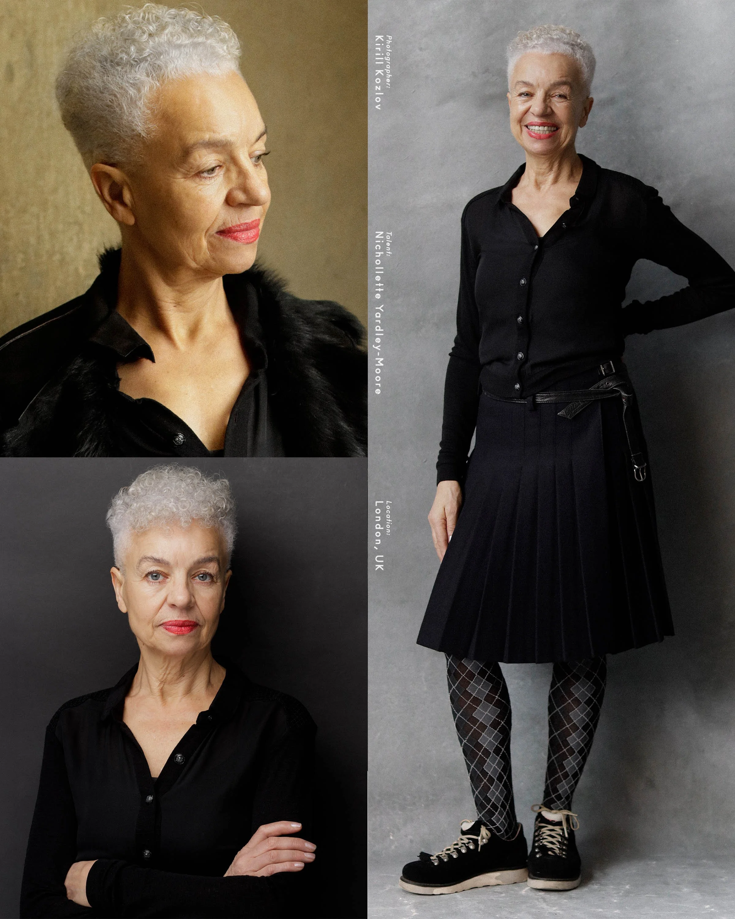 Nichollette Yardley-Moore, who appears in Netflix's Enola Holmes 3 — three-look actor headshot range, silver crop and red lipstick, photographed by Kirill Kozlov, North London.