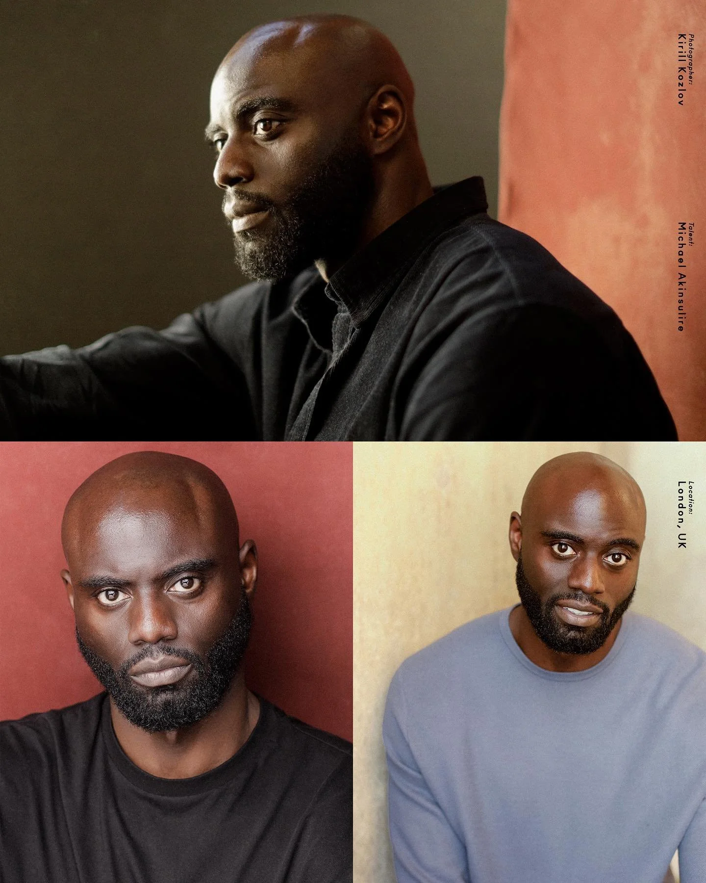 Michael Akinsulire, who appears in Star Wars series Andor — three-look actor headshot range, cinematic profile to warm smile, photographed by Kirill Kozlov, North London.