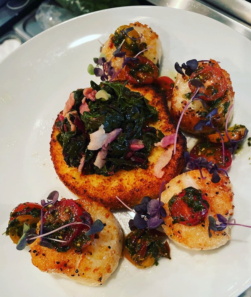Come out and try Chef Glenn's scallop feature this weekend before attending one of the concerts at CHI.Scallops are featured with Miller- Dohrmann Farms polenta,bacon braised Rainbow Chard from Longwalk Farms and a tomato pesto.