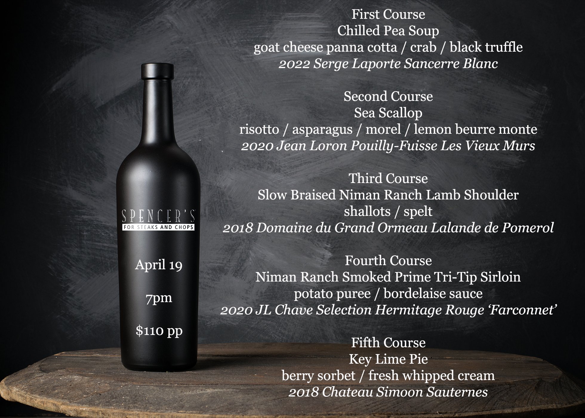 Here is the lineup for our April 19th wine dinner! Have you booked your seats yet?