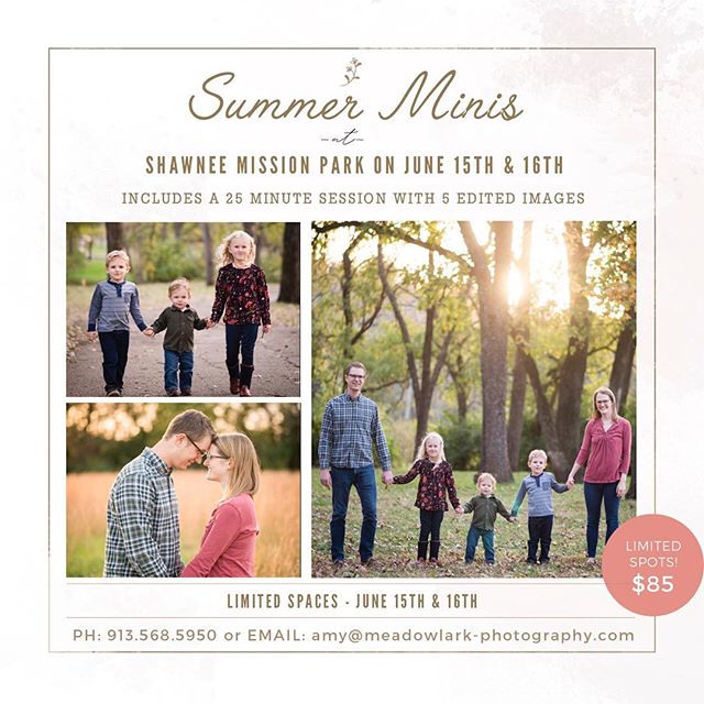 Hey y&rsquo;all! I still have a 6:00 and 7:30 opening for mini sessions at Shawnee Mission Park this Friday! Give me a shout if you need some updated pictures!