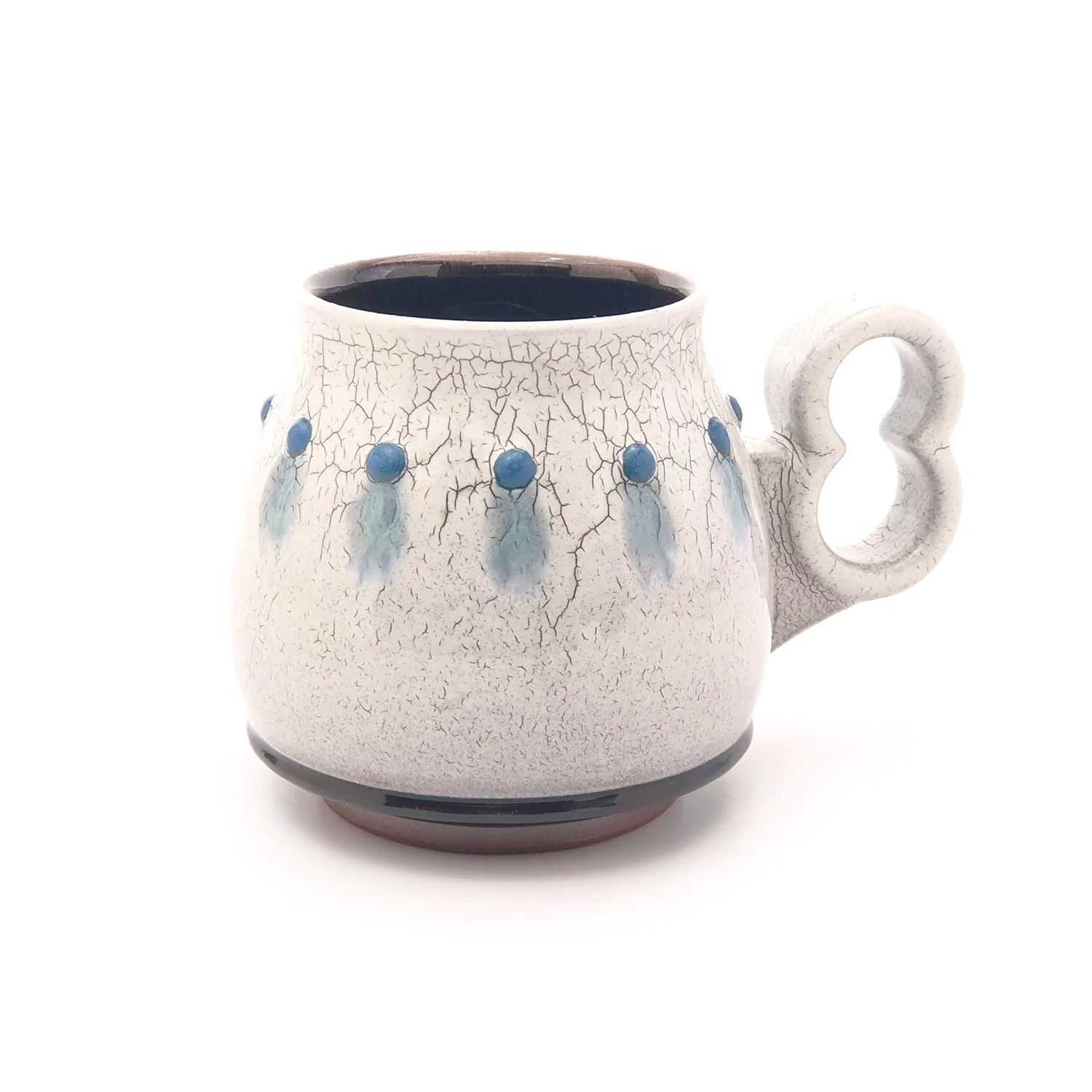 15 oz. crackle slip mug with ergonomic "open 8" handle. black interior