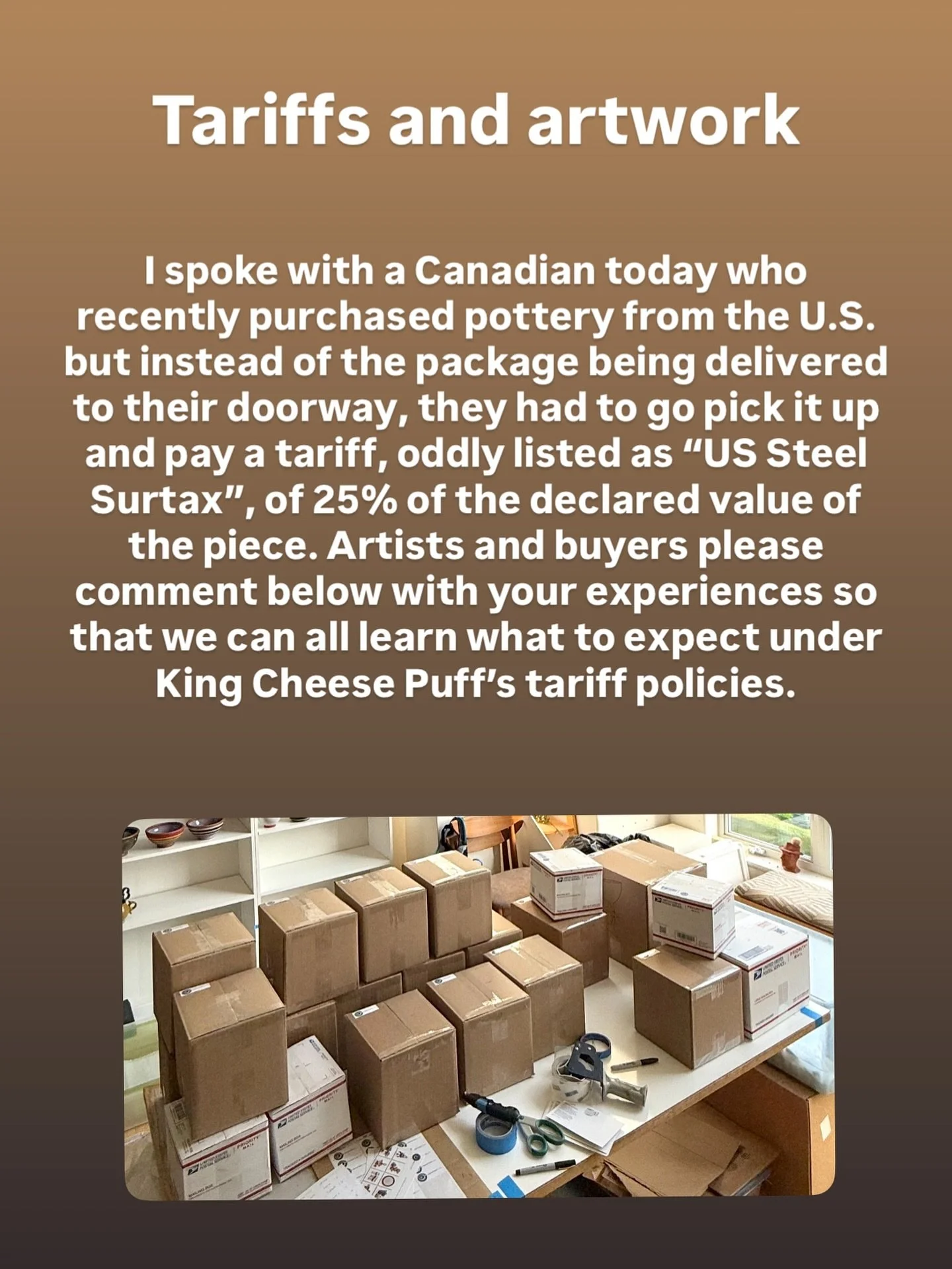 Please add your thoughts and experiences with tariffs in the comments and share, cuz Al G. Rythm doesn&rsquo;t like posts with too many words. 
.
.
.
#pottery #ceramics #art #tariffs