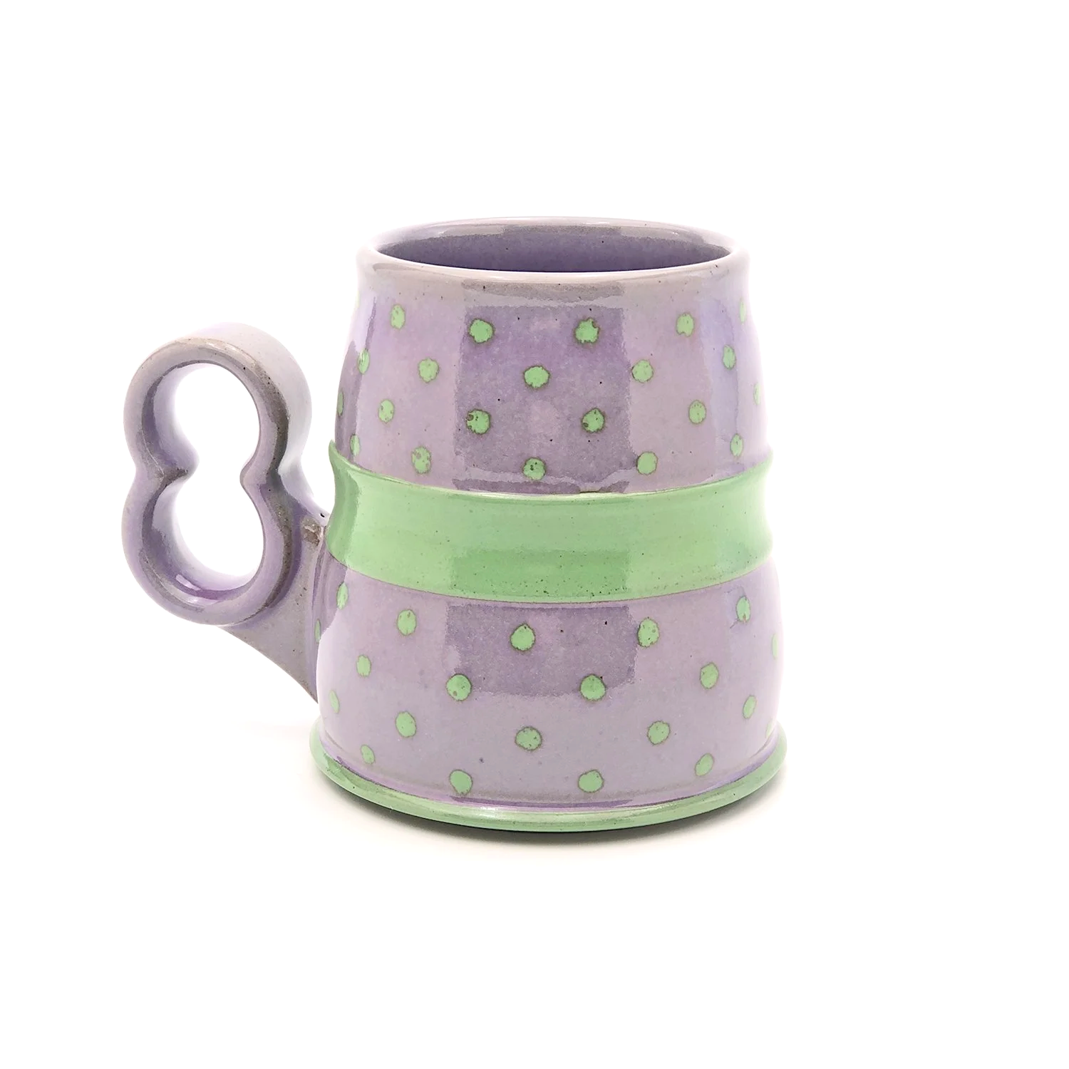 13 oz. Violet and green "hovercraft" with ergonomic two finger open 8 handle.