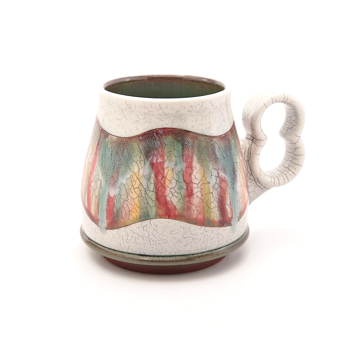 16 oz. Extra fancy pants mug with crackle slip and multi color band. ergo two finger "open 8" handle