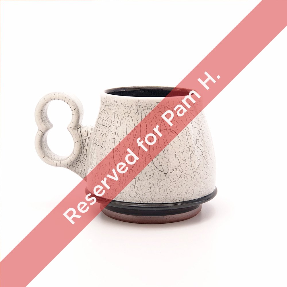Reserved for Pam. 15 oz. "current sentiment" mug with crackle slip and "open 8" handle