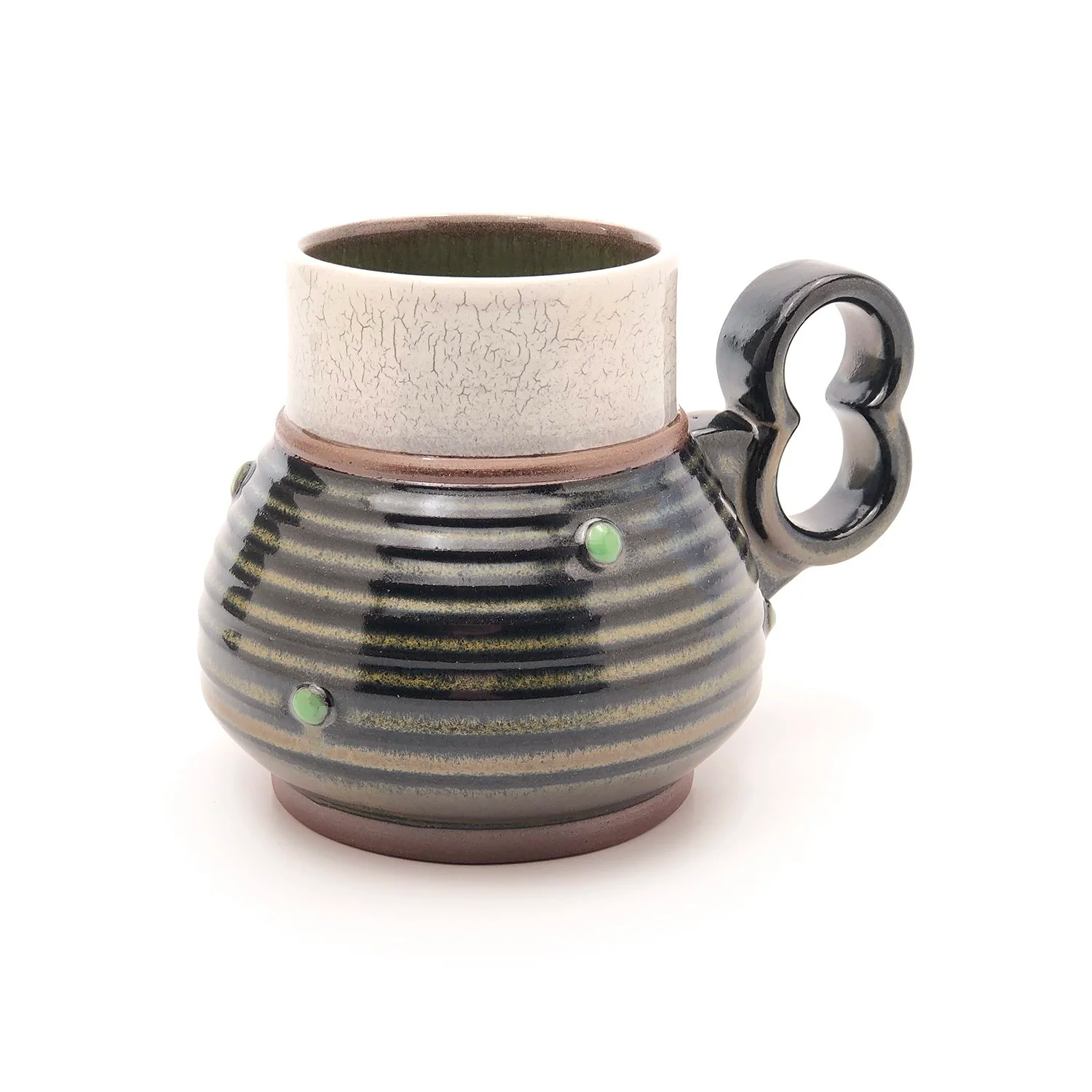 15oz. elevated Beaker mug with comfy two finger "open 8" handle.