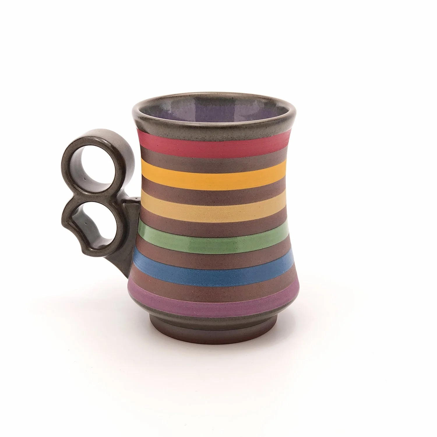 12 oz. Rainbow striped mug with ergonomic three finger "notch" handle. Violet interior