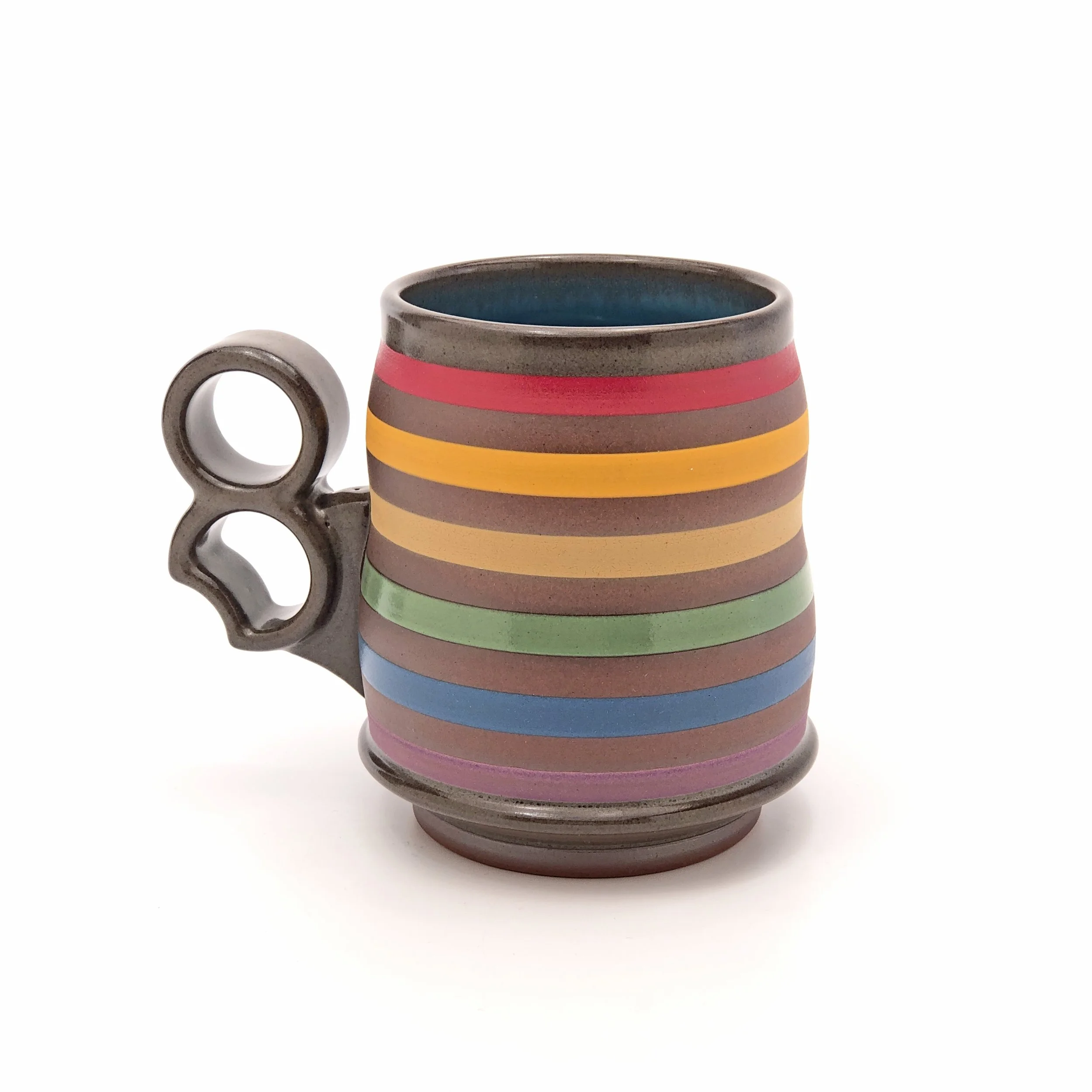 16 oz. Rainbow mug with ergonomic three finger "notch" handle.