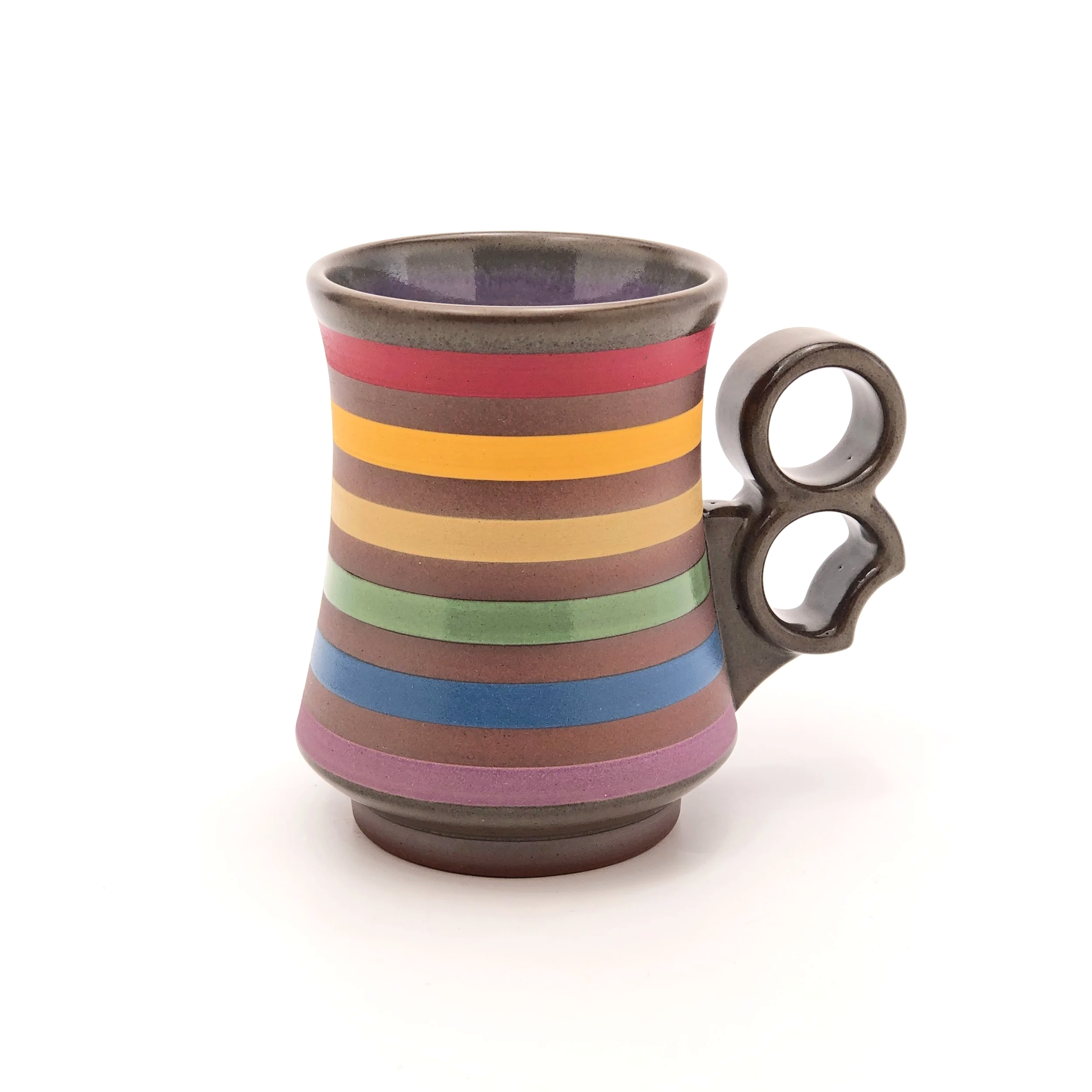 11 oz. Rainbow striped mug with ergonomic three finger "notch" handle. Violet interior