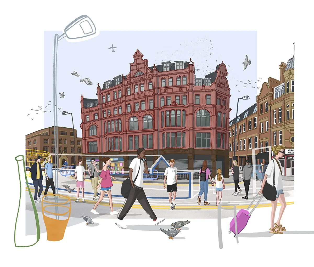 Hand drawn illustration of Stevenson Square in Manchester