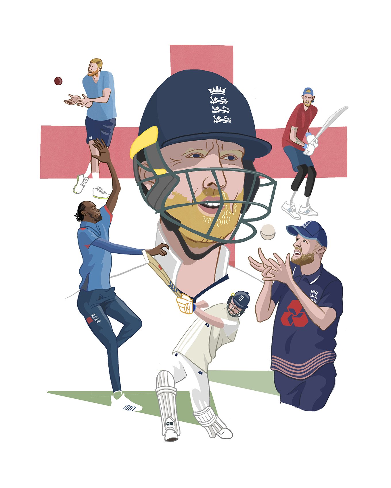 Illustration of England cricket team including Ben Stokes by Matt Hollings aka Mono Matt