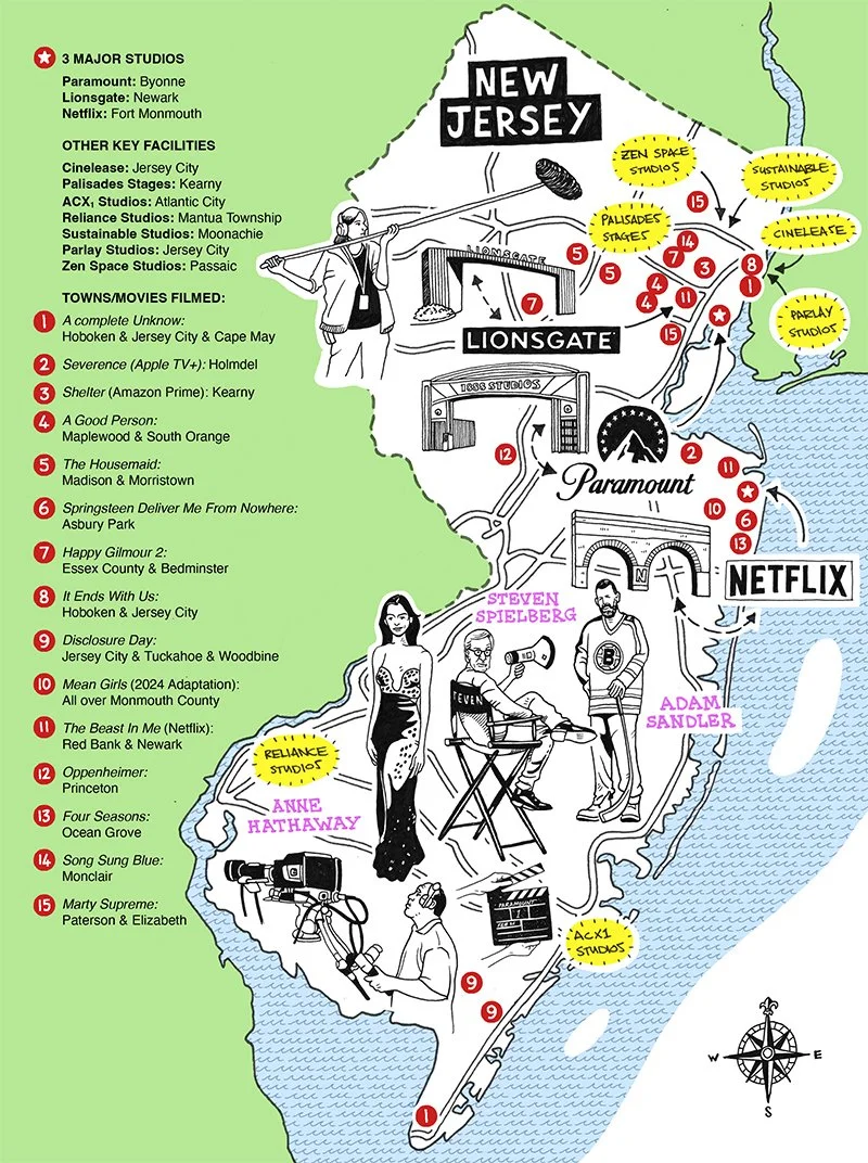 Movie themed hand drawn illustrated map of New Jersey.
