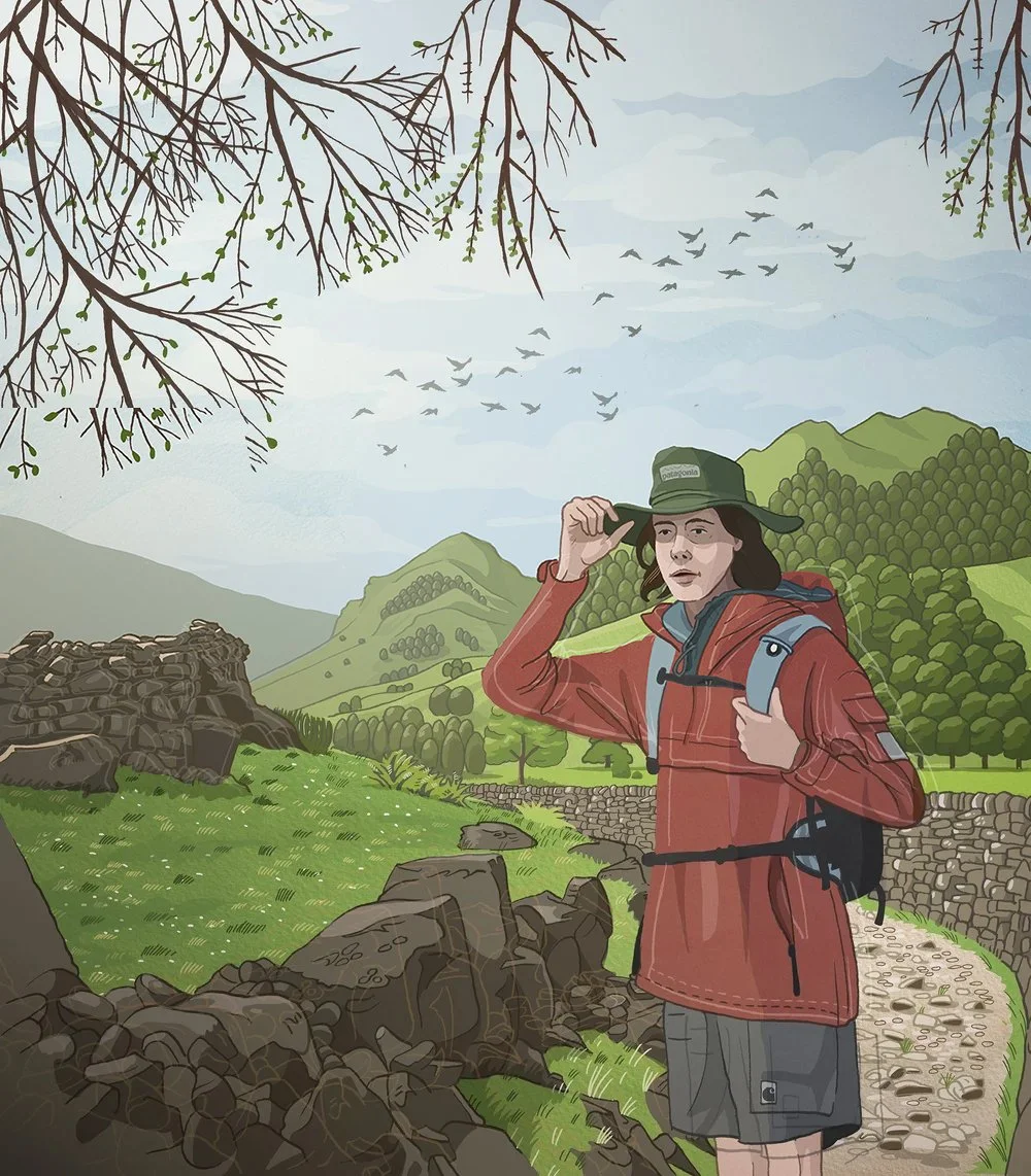 Illustration of a hiker in the Lake District.