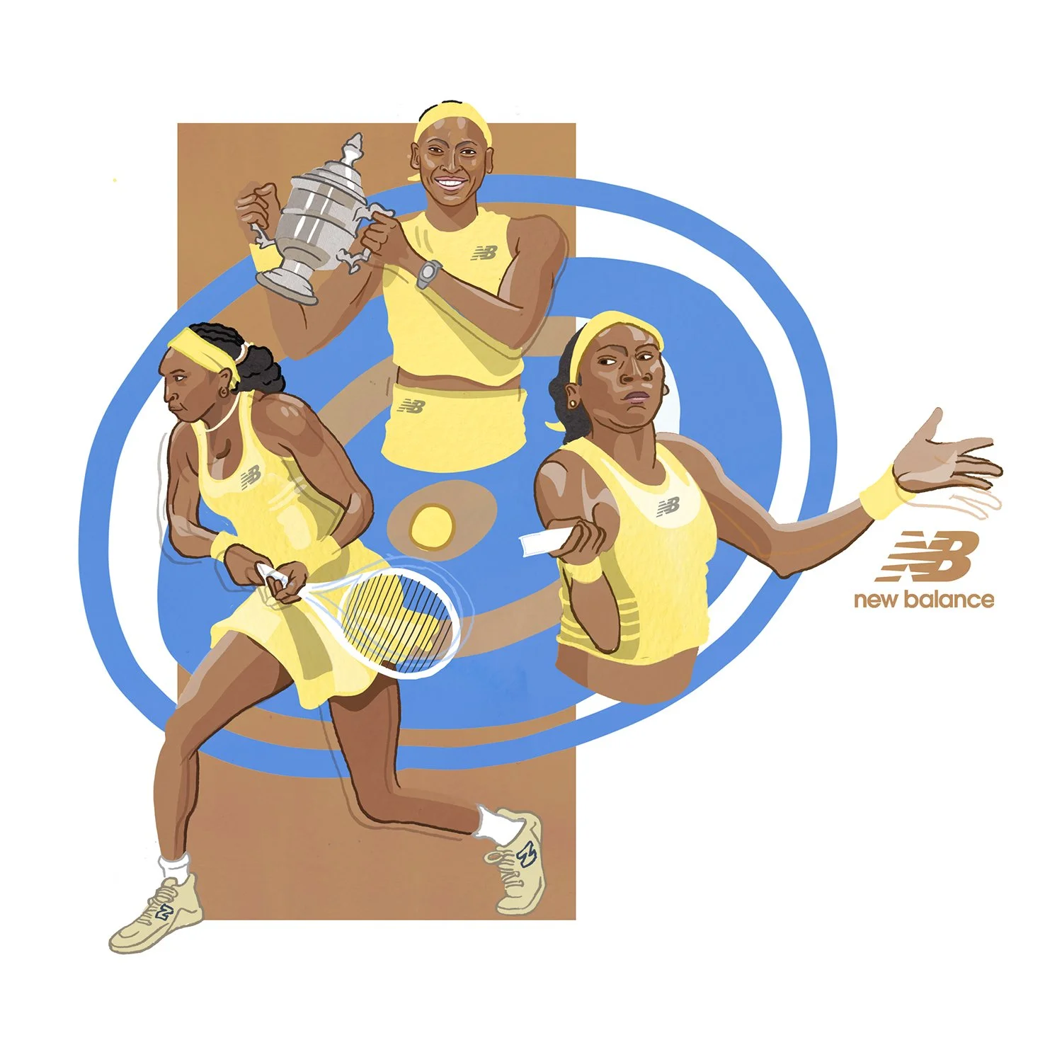 Illustration of tennis player Coco Gauff (New Balance) by Matt Hollings aka Mono Matt.