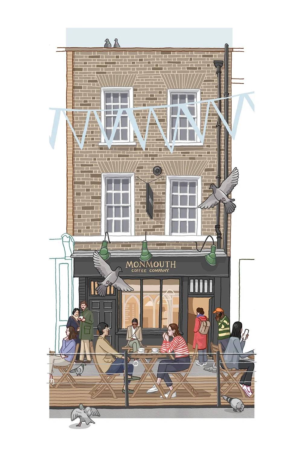 Illustration of people sitting outside Monmouth Coffee in Covent Garden, London by Matt Hollings aka Mono Matt.