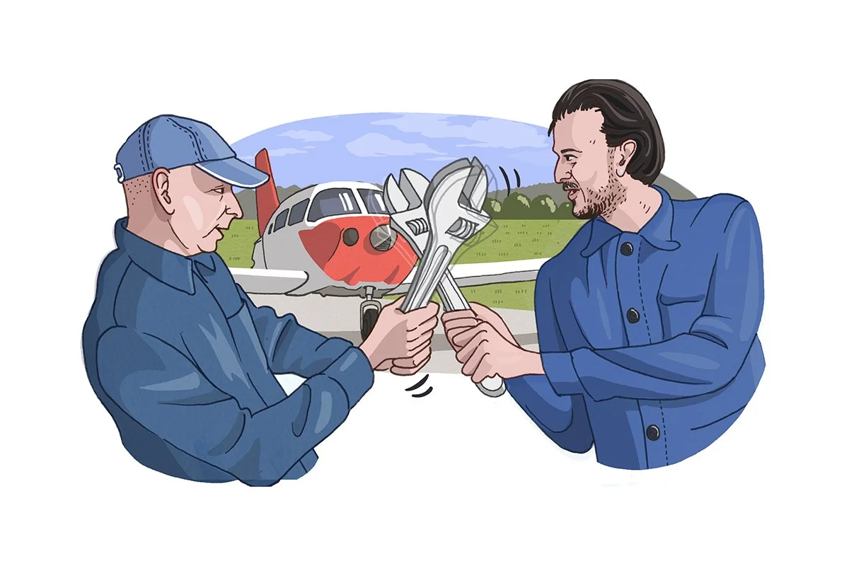 Illustration for AOPA magazine showing two of the editors sword fighting with wrenches.