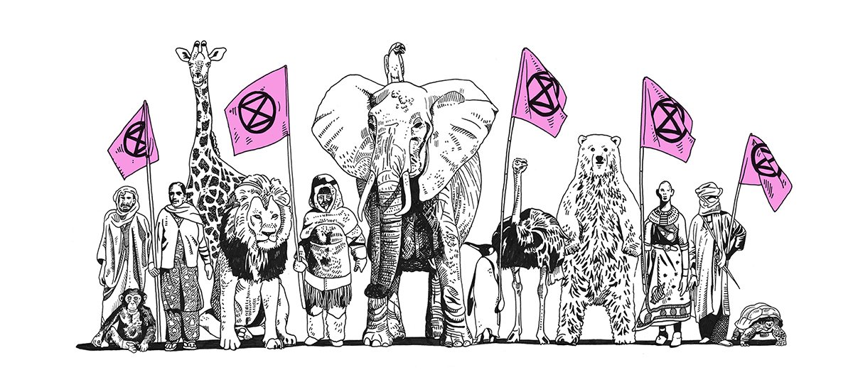 Ink illustration of animals and humans raising extinction rebellion flags