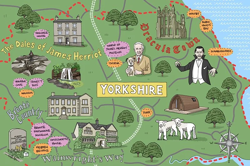 Hand drawn illustrated map of Yorkshire.