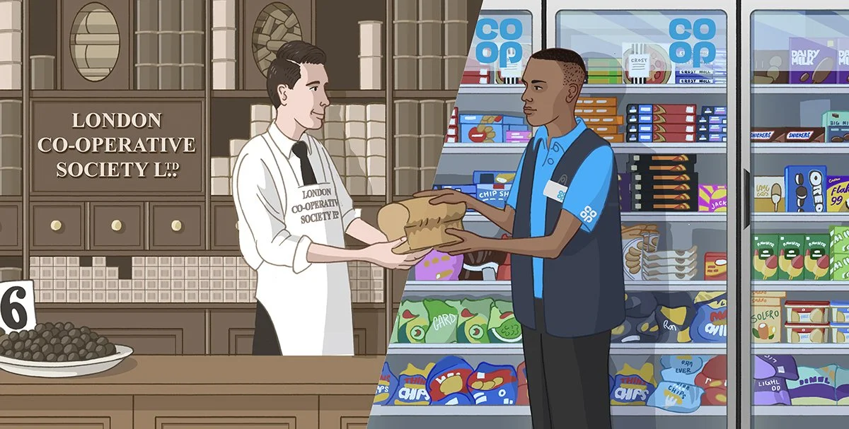 Illustration depicting a Co-op worker from the 1800s passing a loaf of bread to a modern Co-op worker.